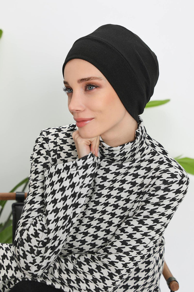 Soft Polyviscose Inner Turban Bonnet for Women, Easy Wear Instant Turban Bonnet, Soft Plain Color Ribbed Winter Chemo Headwear,B-37RB
