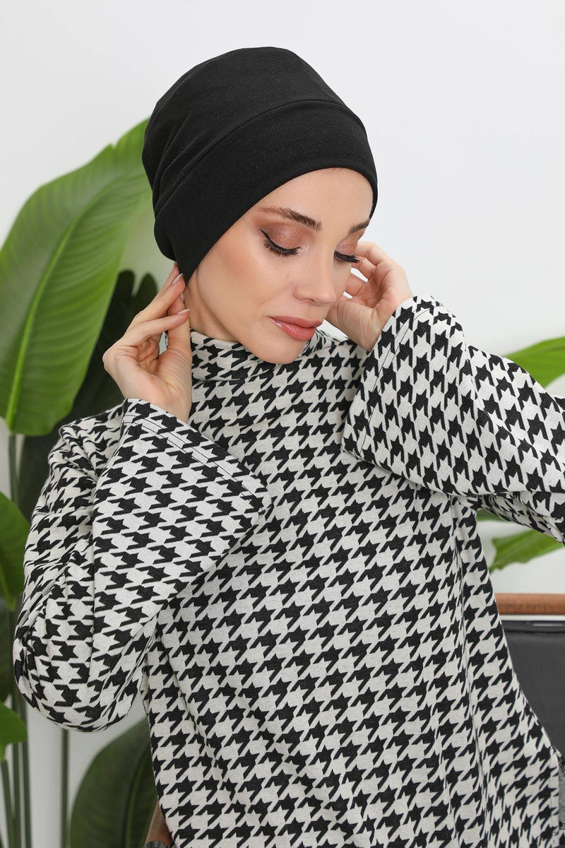 Soft Polyviscose Inner Turban Bonnet for Women, Easy Wear Instant Turban Bonnet, Soft Plain Color Ribbed Winter Chemo Headwear,B-37RB