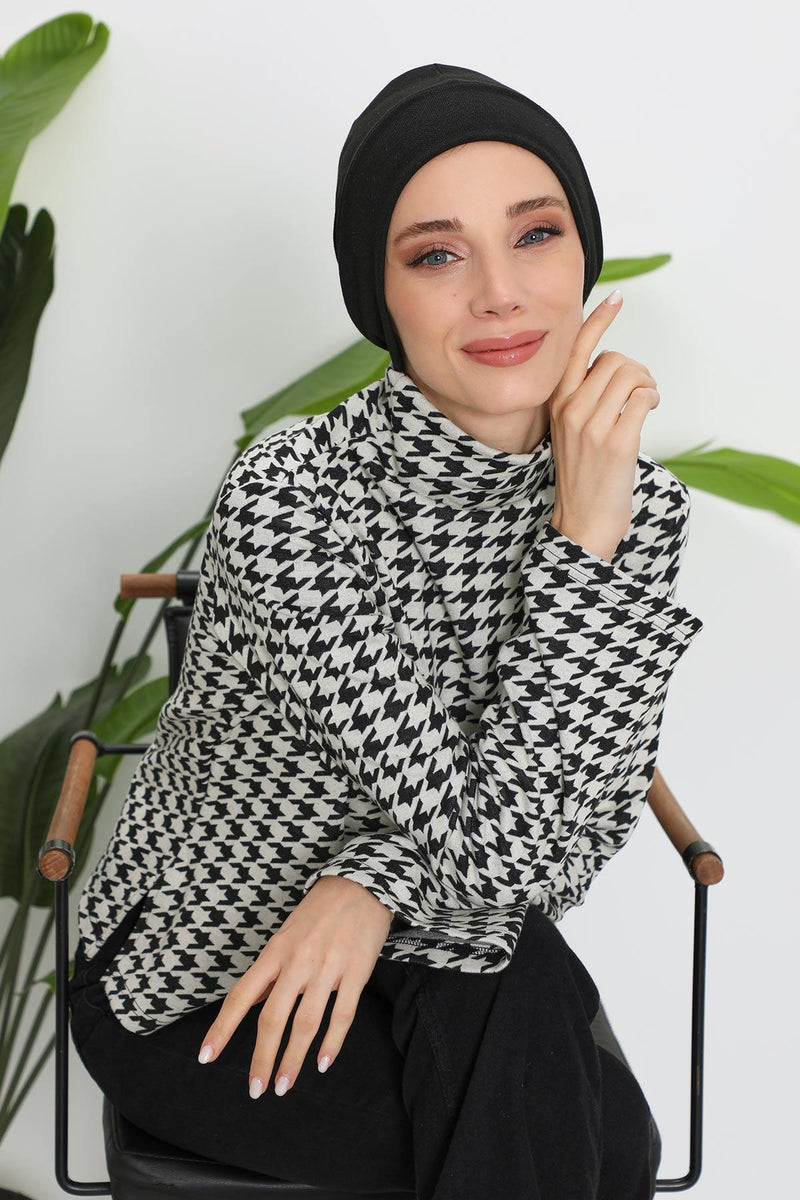 Soft Polyviscose Inner Turban Bonnet for Women, Easy Wear Instant Turban Bonnet, Soft Plain Color Ribbed Winter Chemo Headwear,B-37RB