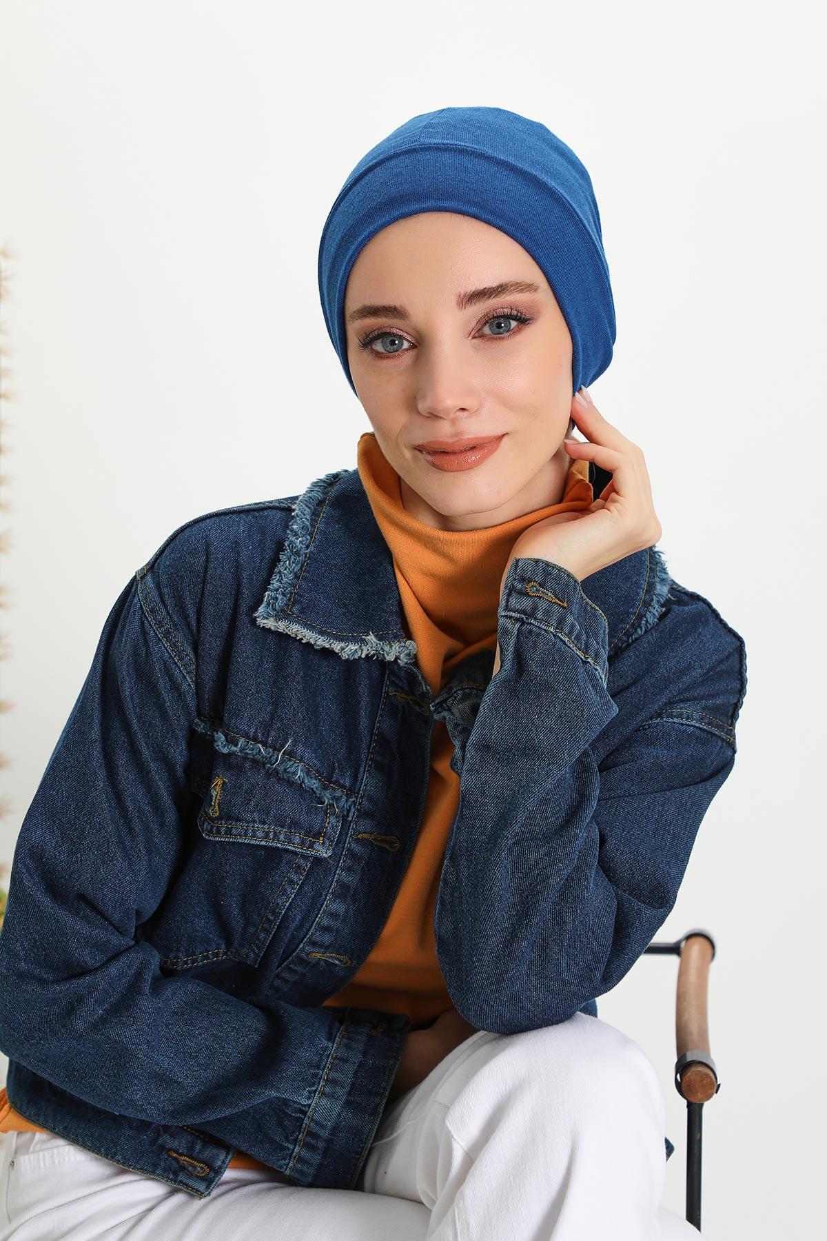 Soft Polyviscose Inner Turban Bonnet for Women, Easy Wear Instant Turban Bonnet, Soft Plain Color Ribbed Winter Chemo Headwear,B-37RB White