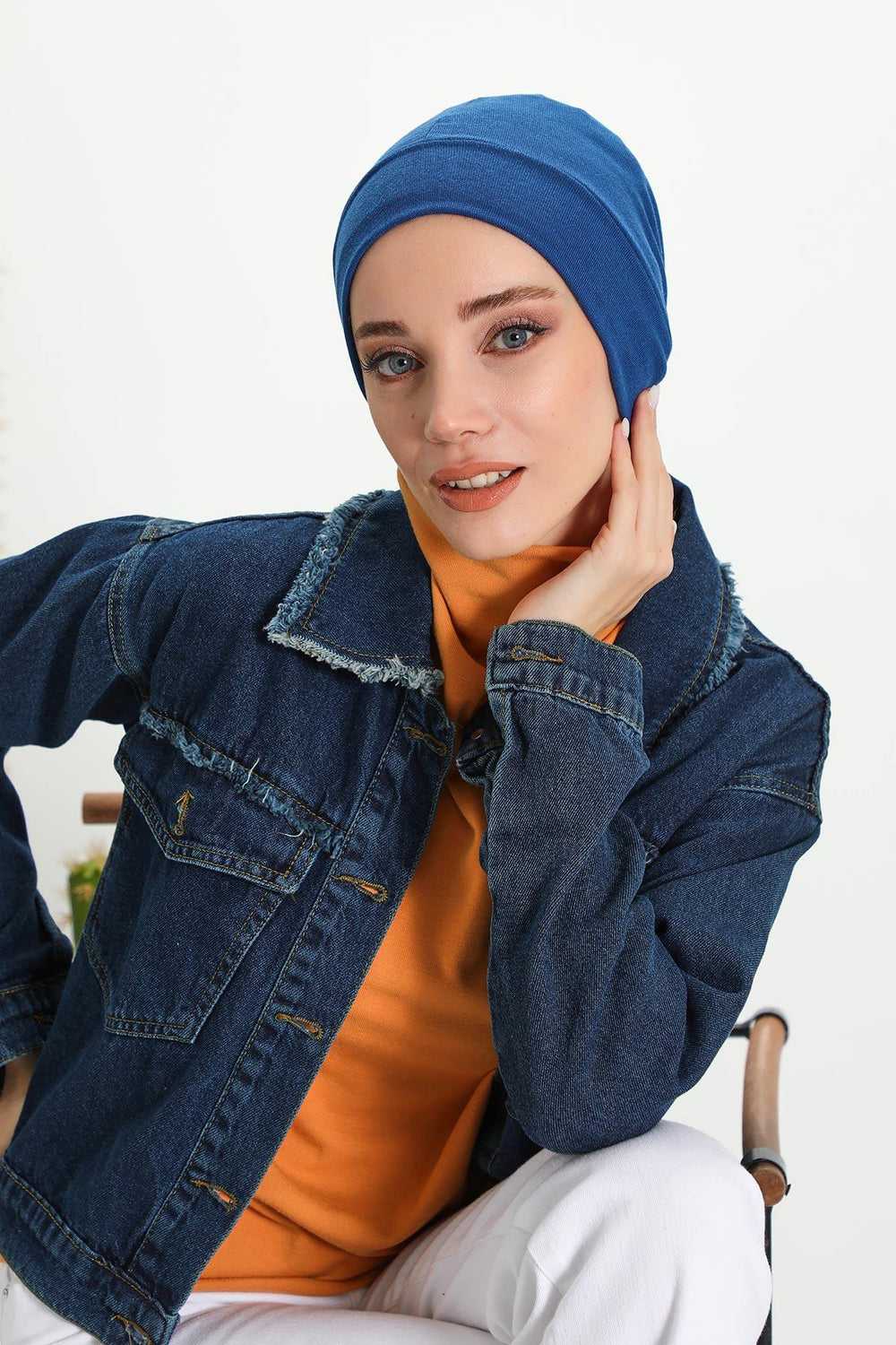 Soft Polyviscose Inner Turban Bonnet for Women, Easy Wear Instant Turban Bonnet, Soft Plain Color Ribbed Winter Chemo Headwear,B-37RB White