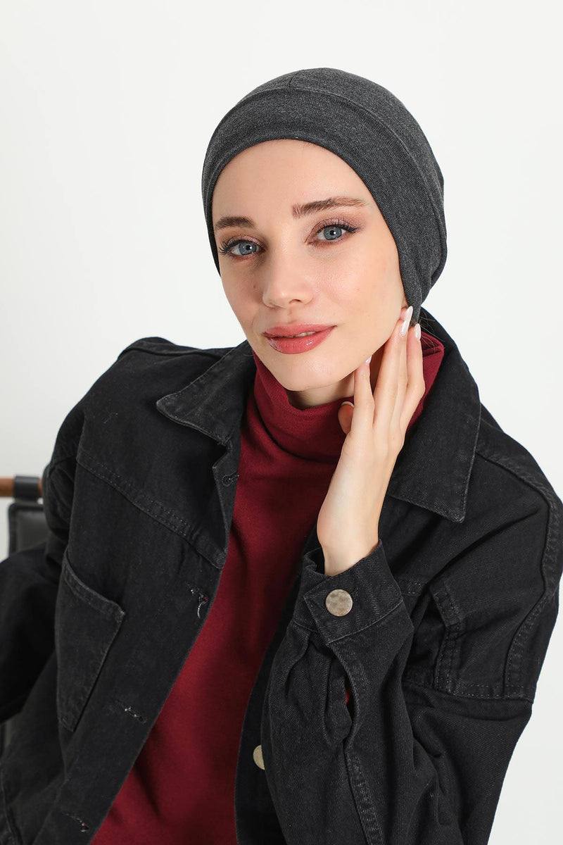 Soft Polyviscose Inner Turban Bonnet for Women, Easy Wear Instant Turban Bonnet, Soft Plain Color Ribbed Winter Chemo Headwear,B-37RB