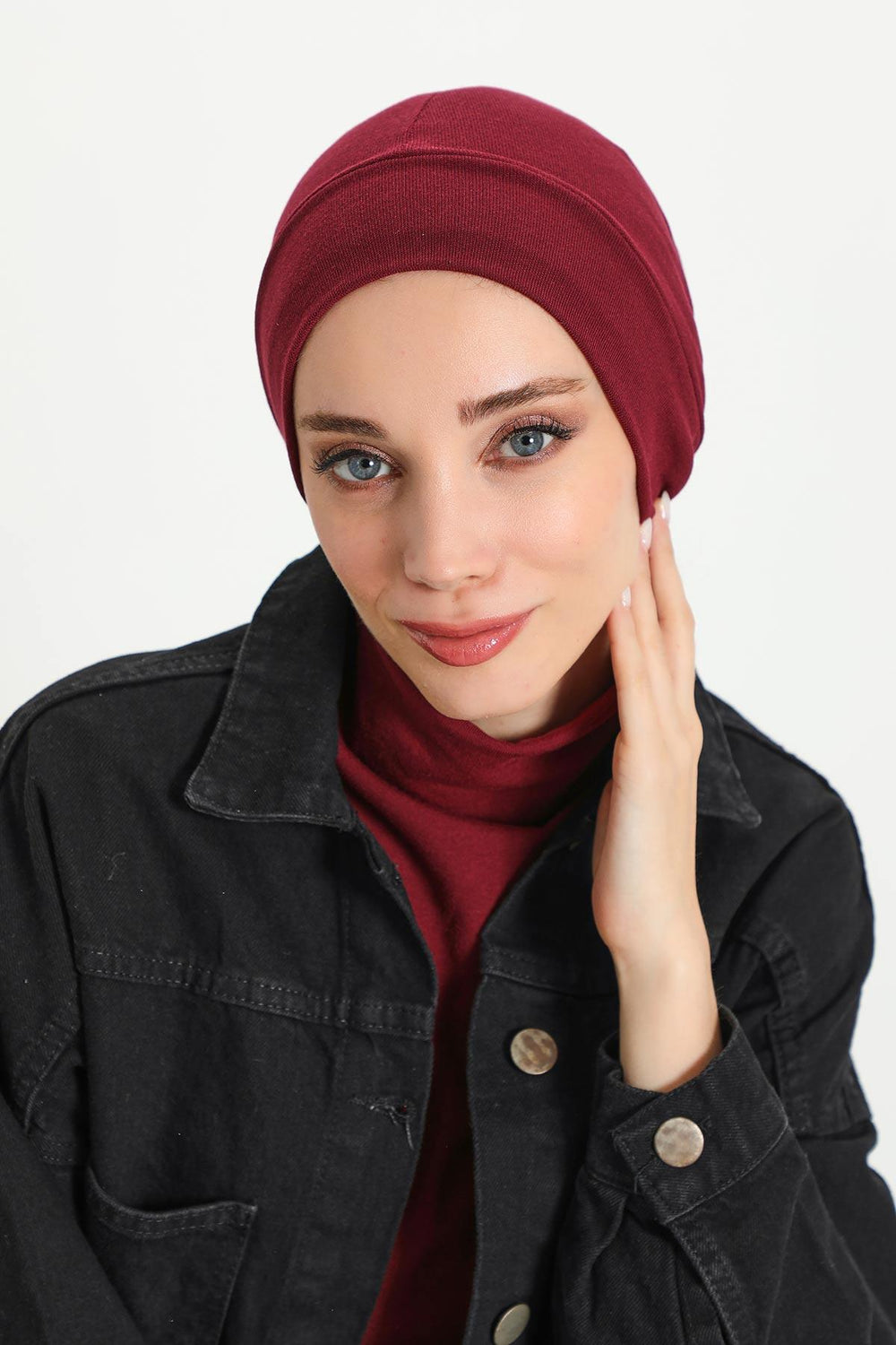 Soft Polyviscose Inner Turban Bonnet for Women, Easy Wear Instant Turban Bonnet, Soft Plain Color Ribbed Winter Chemo Headwear,B-37RB Maroon