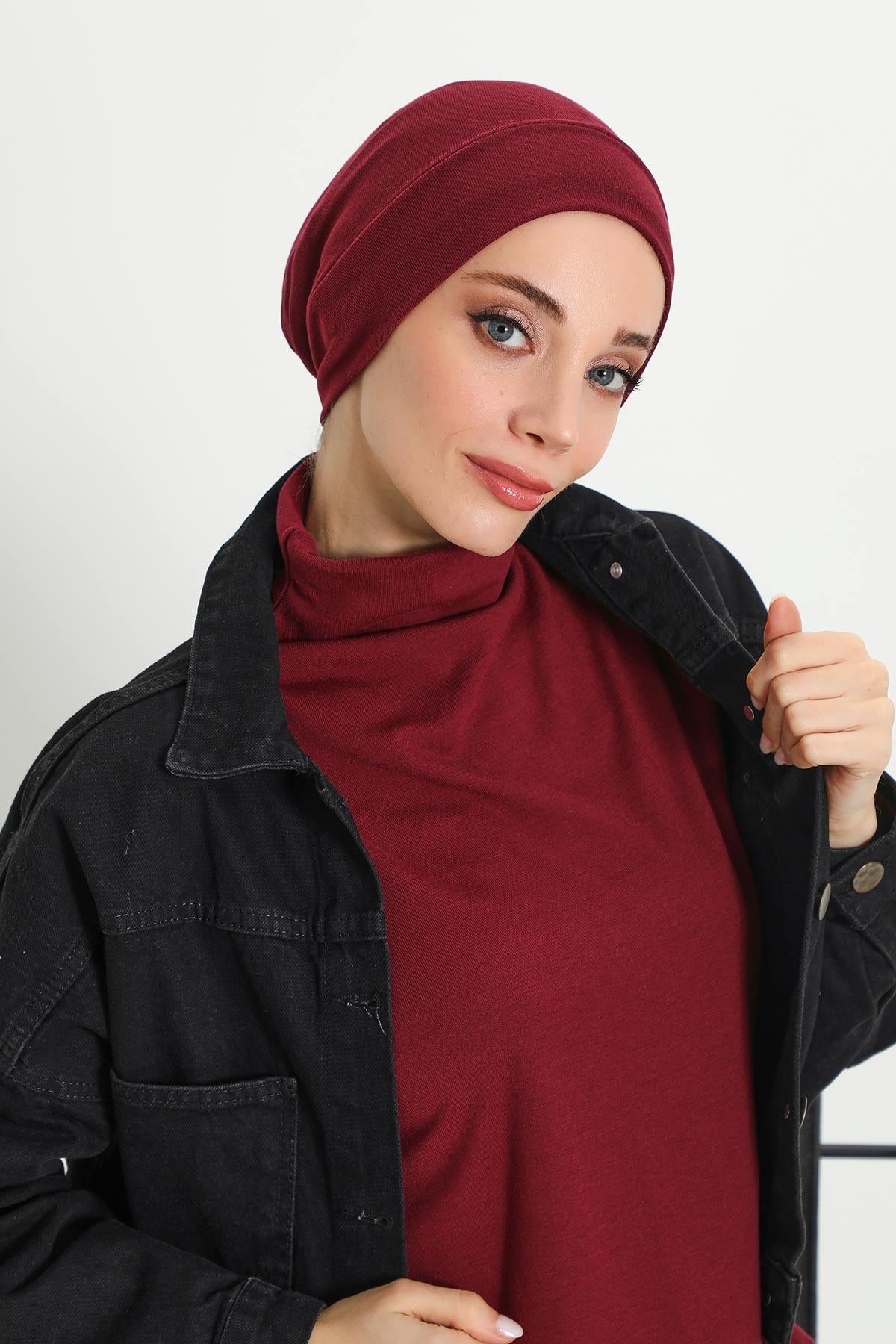 Soft Polyviscose Inner Turban Bonnet for Women, Easy Wear Instant Turban Bonnet, Soft Plain Color Ribbed Winter Chemo Headwear,B-37RB Maroon
