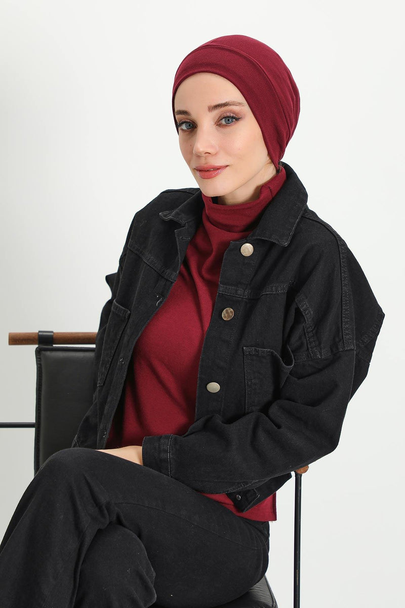 Soft Polyviscose Inner Turban Bonnet for Women, Easy Wear Instant Turban Bonnet, Soft Plain Color Ribbed Winter Chemo Headwear,B-37RB