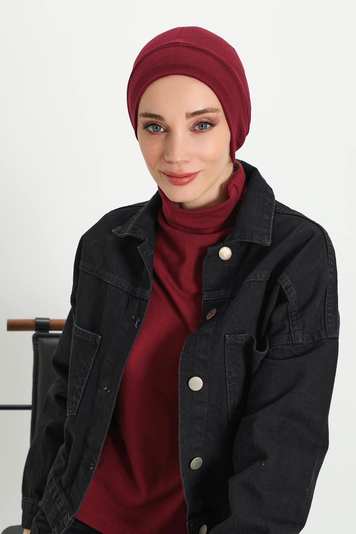 Soft Polyviscose Inner Turban Bonnet for Women, Easy Wear Instant Turban Bonnet, Soft Plain Color Ribbed Winter Chemo Headwear,B-37RB Maroon
