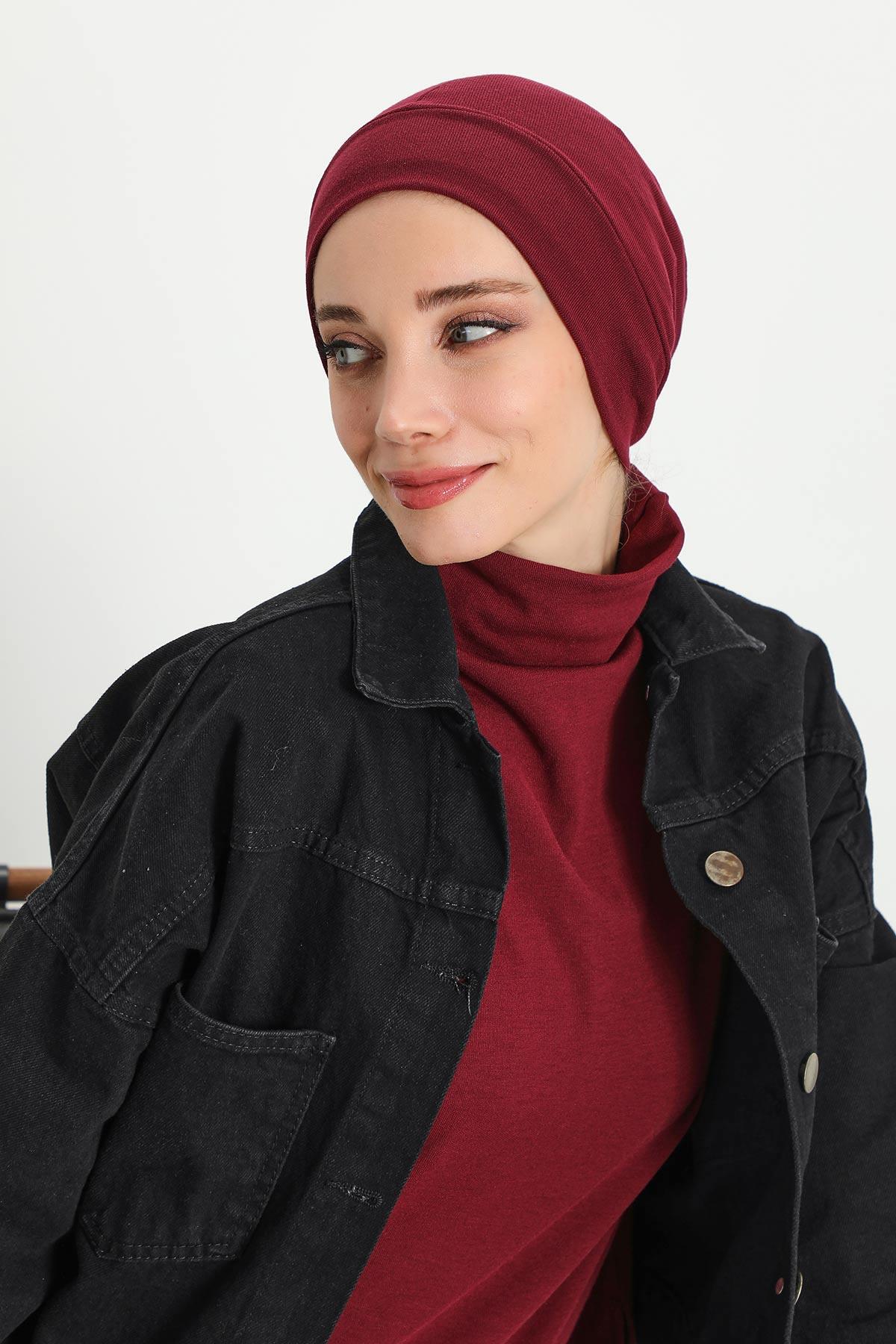 Soft Polyviscose Inner Turban Bonnet for Women, Easy Wear Instant Turban Bonnet, Soft Plain Color Ribbed Winter Chemo Headwear,B-37RB Maroon