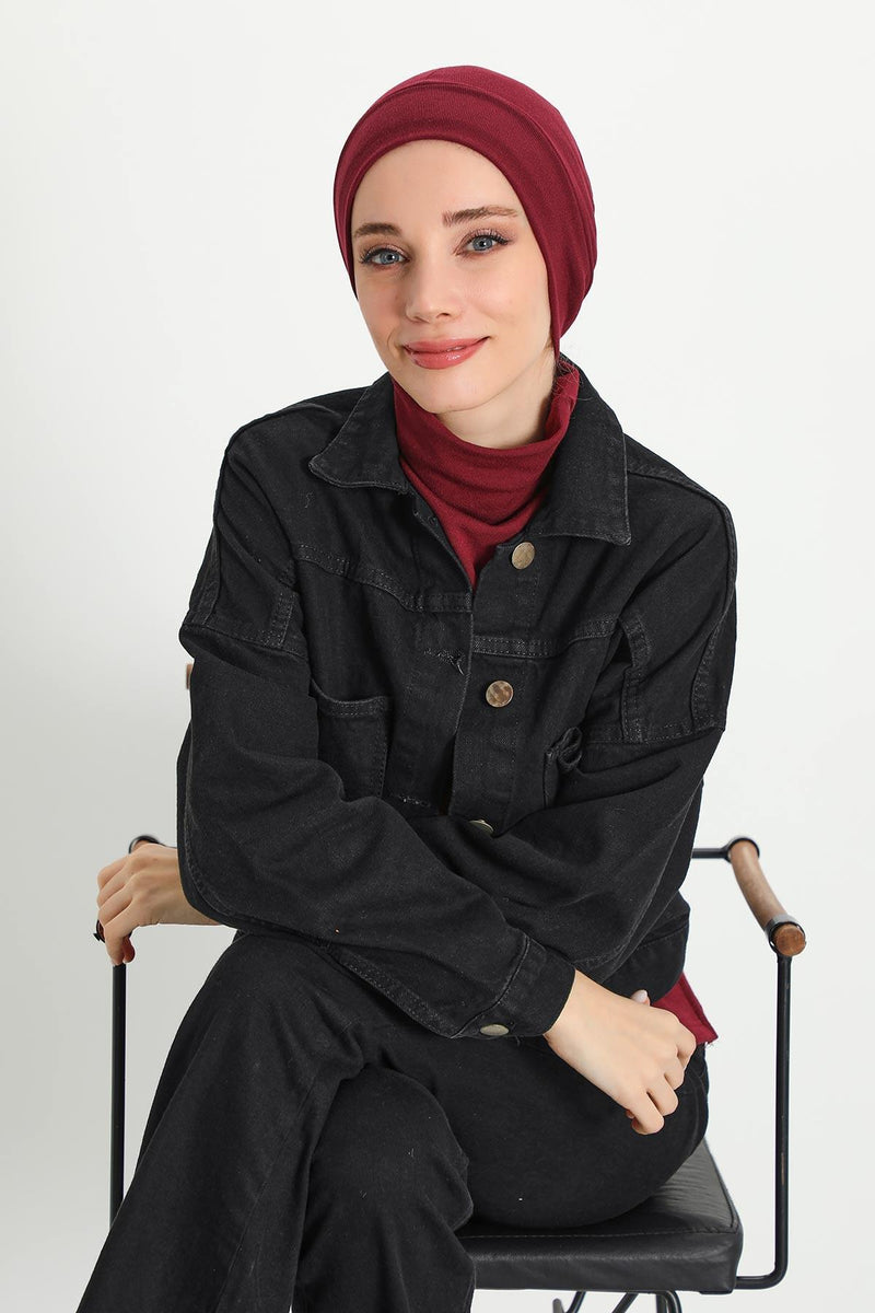 Soft Polyviscose Inner Turban Bonnet for Women, Easy Wear Instant Turban Bonnet, Soft Plain Color Ribbed Winter Chemo Headwear,B-37RB