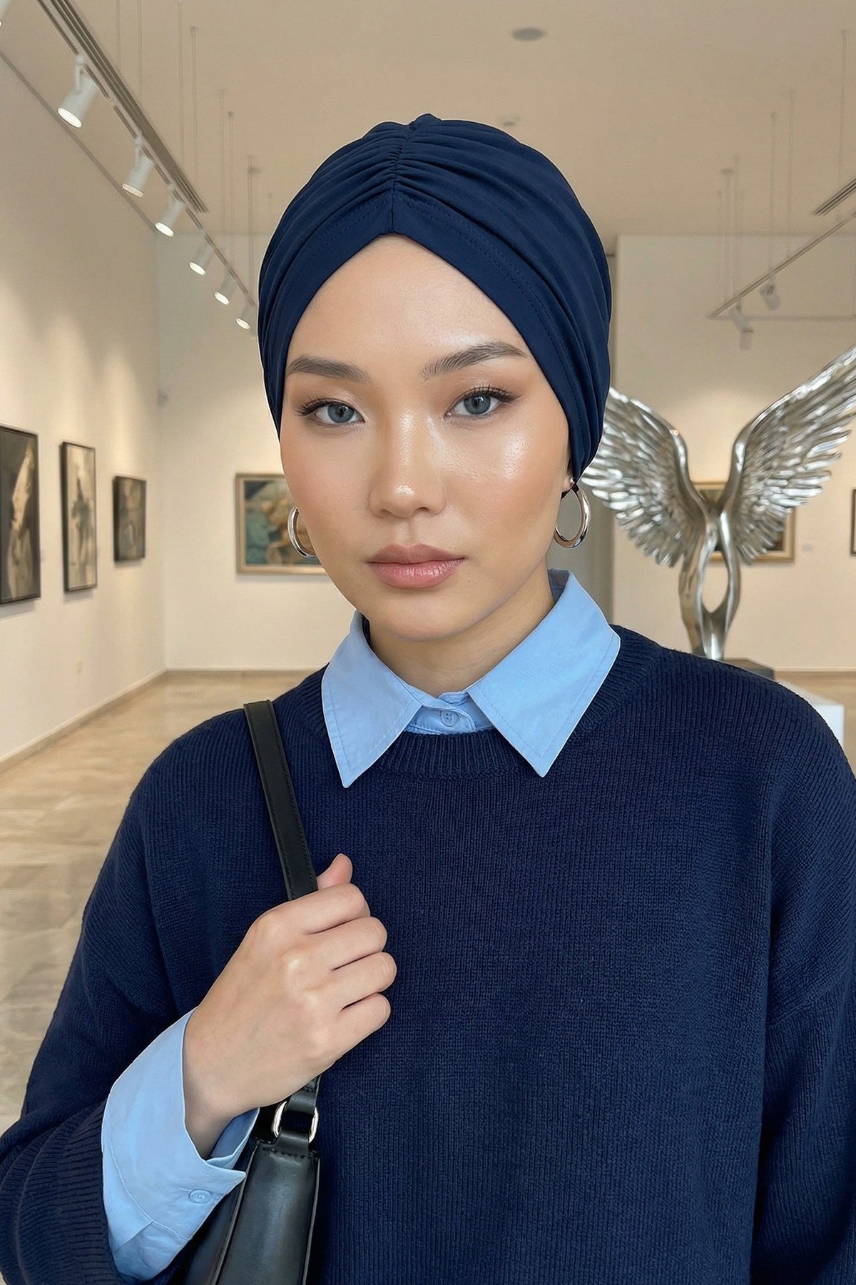 Soft Pre-Tied Shirred Turban for Women, Cotton Instant Turban Headwrap, Hair Loss & Chemo Friendly Bonnet Cap with Chic Shirred Design,B-20 Navy Blue