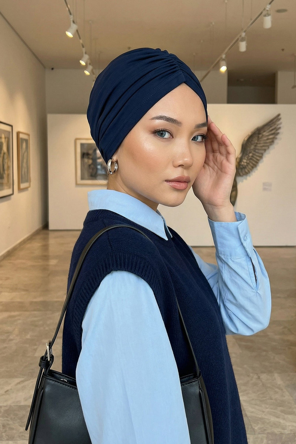 Soft Pre-Tied Shirred Turban for Women, Cotton Instant Turban Headwrap, Hair Loss & Chemo Friendly Bonnet Cap with Chic Shirred Design,B-20 Navy Blue