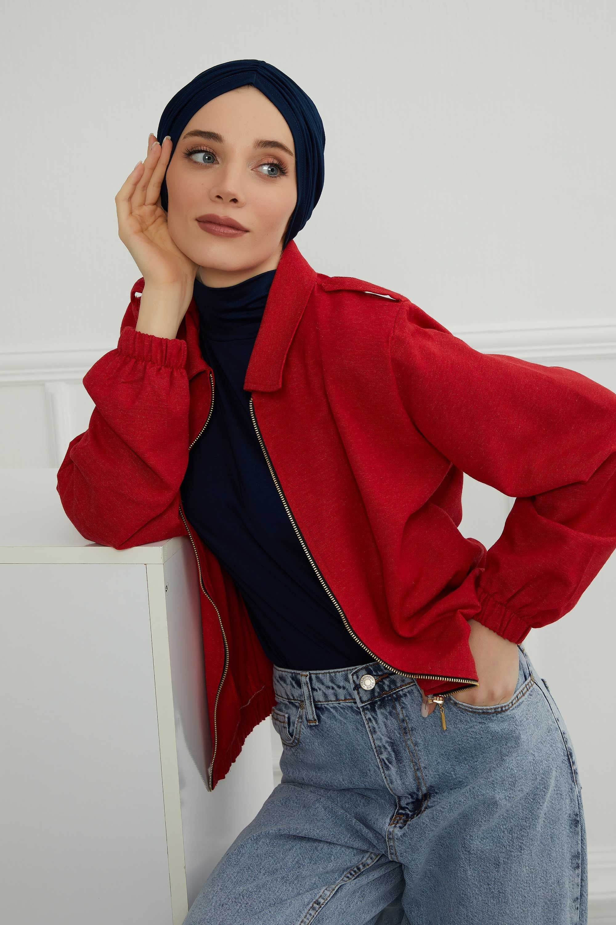 Soft Pre-Tied Shirred Turban for Women, Cotton Instant Turban Headwrap, Hair Loss & Chemo Friendly Bonnet Cap with Chic Shirred Design,B-20 Navy Blue