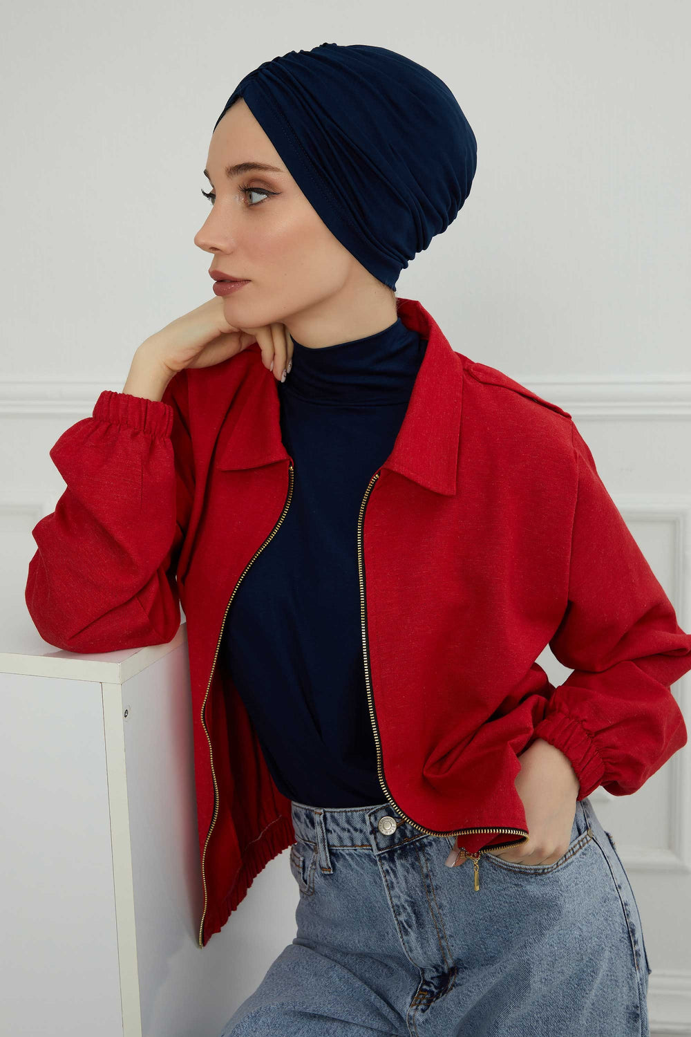 Soft Pre-Tied Shirred Turban for Women, Cotton Instant Turban Headwrap, Hair Loss & Chemo Friendly Bonnet Cap with Chic Shirred Design,B-20 Navy Blue