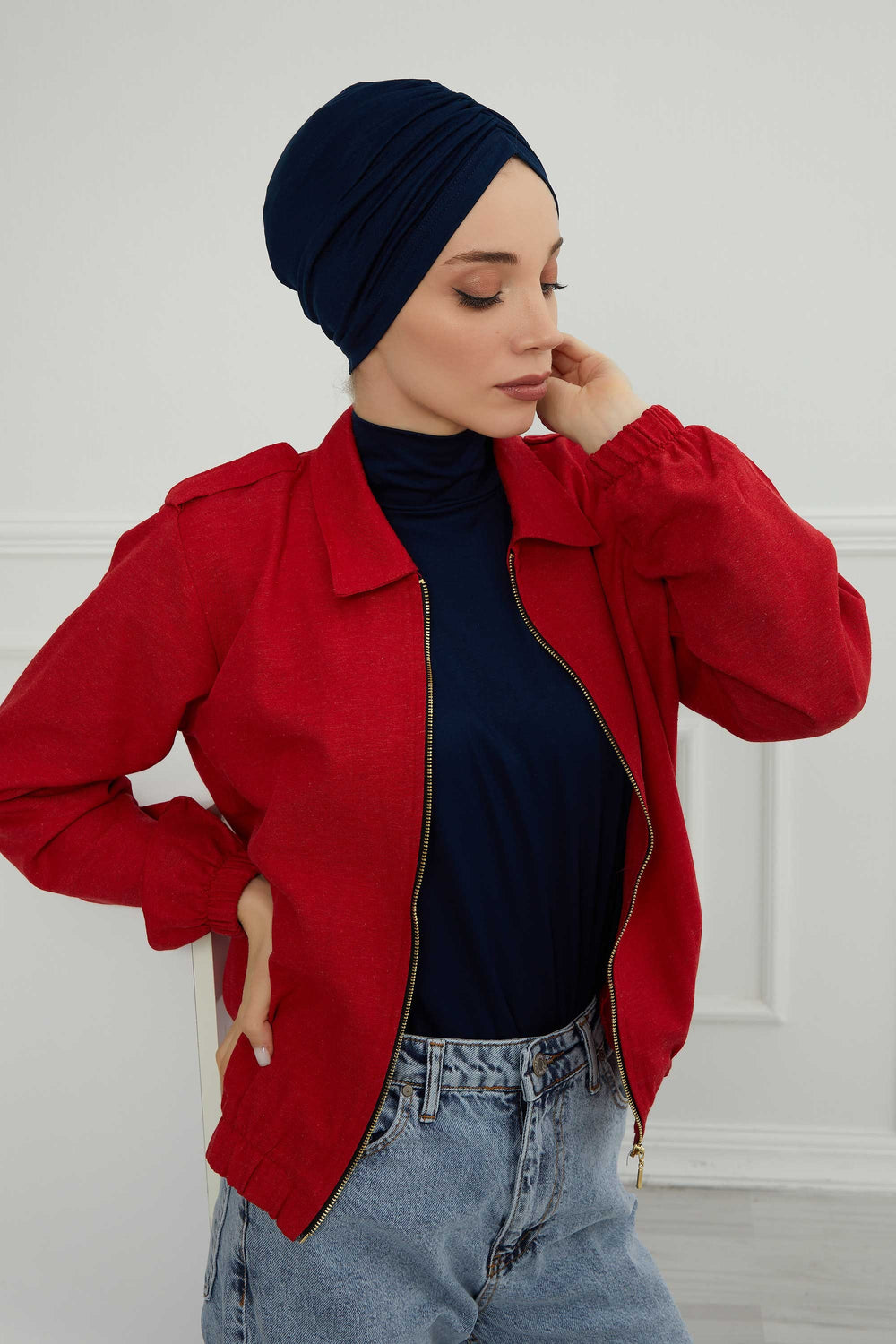 Soft Pre-Tied Shirred Turban for Women, Cotton Instant Turban Headwrap, Hair Loss & Chemo Friendly Bonnet Cap with Chic Shirred Design,B-20 Navy Blue
