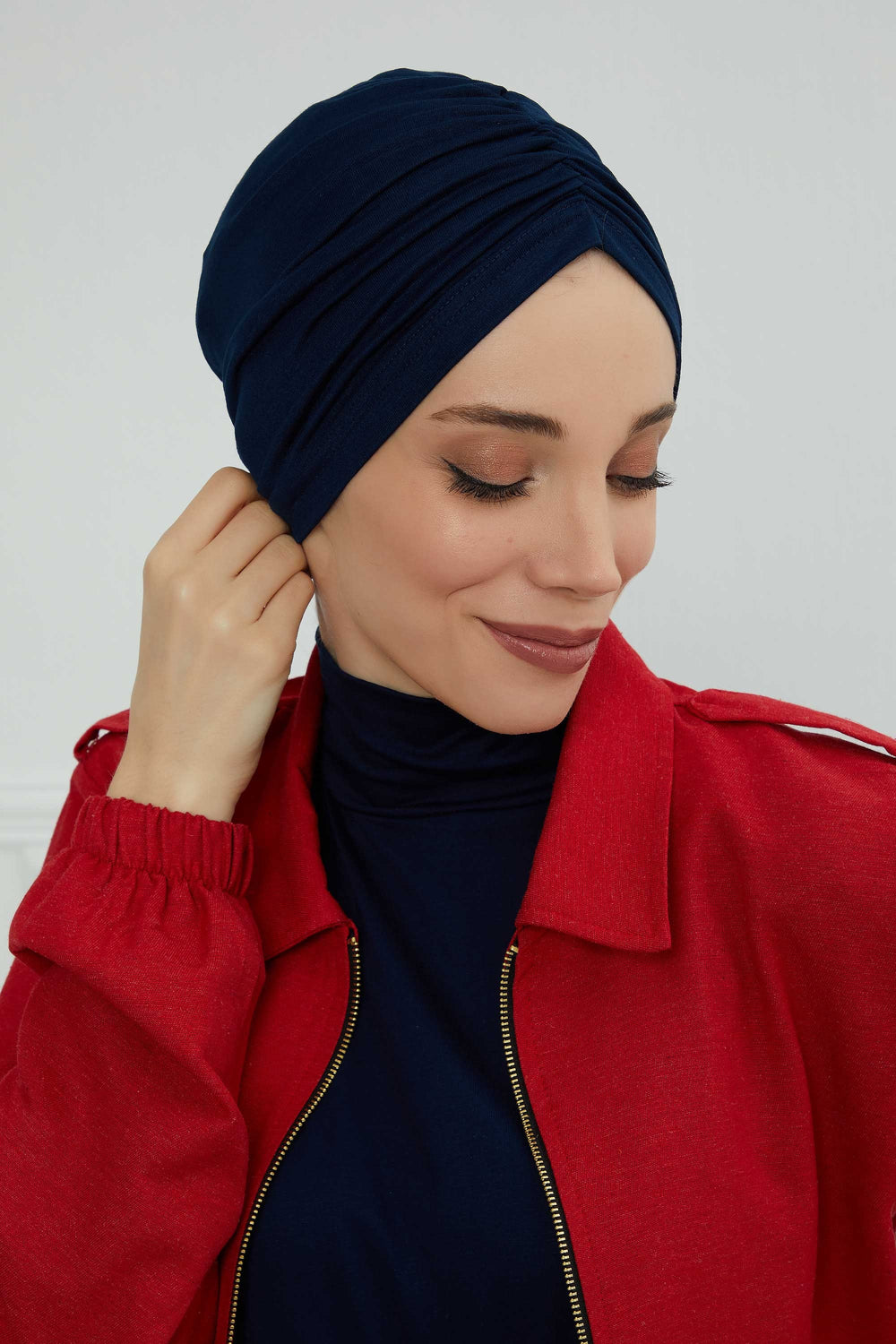 Soft Pre-Tied Shirred Turban for Women, Cotton Instant Turban Headwrap, Hair Loss & Chemo Friendly Bonnet Cap with Chic Shirred Design,B-20 Navy Blue