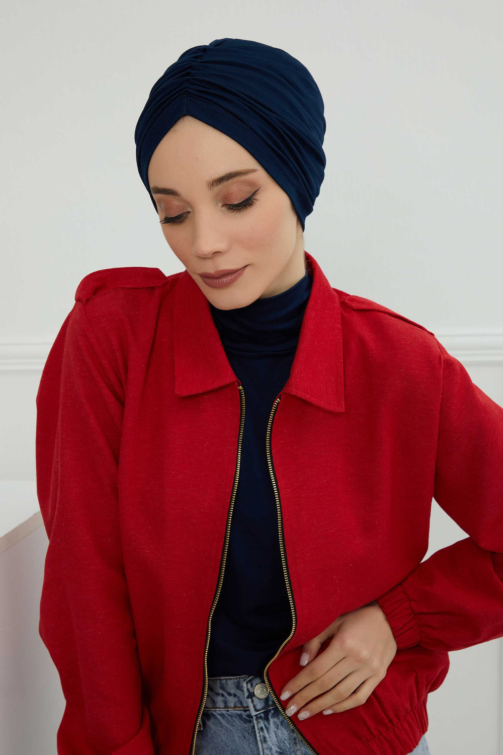 Soft Pre-Tied Shirred Turban for Women, Cotton Instant Turban Headwrap, Hair Loss & Chemo Friendly Bonnet Cap with Chic Shirred Design,B-20 Navy Blue