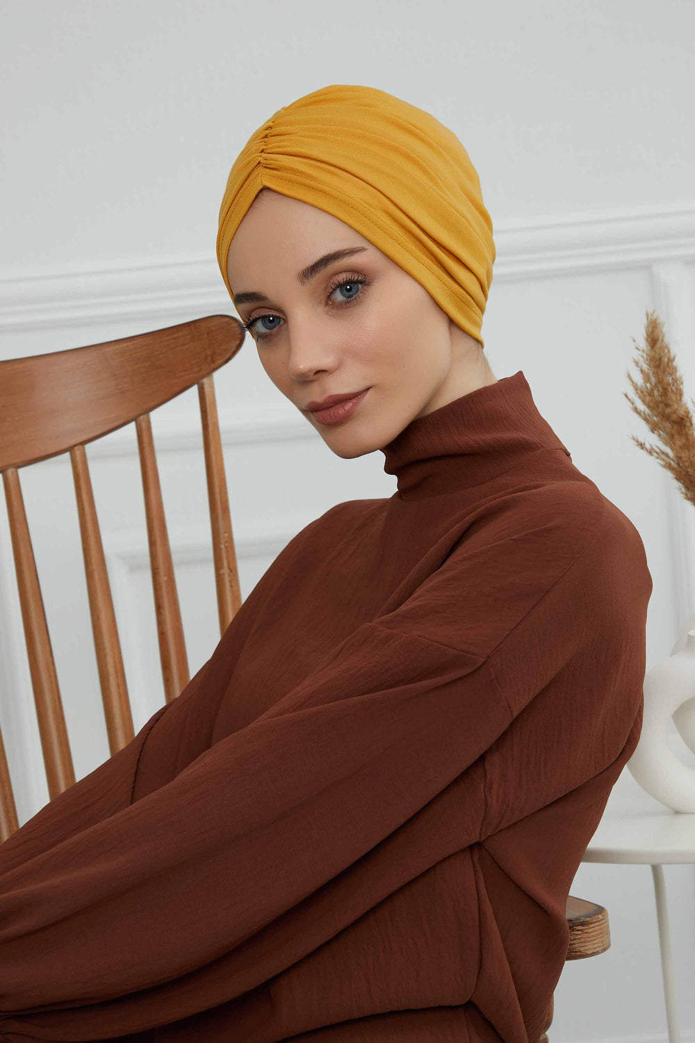 Soft Pre-Tied Shirred Turban for Women, Cotton Instant Turban Headwrap, Hair Loss & Chemo Friendly Bonnet Cap with Chic Shirred Design,B-20 Mustard Yellow