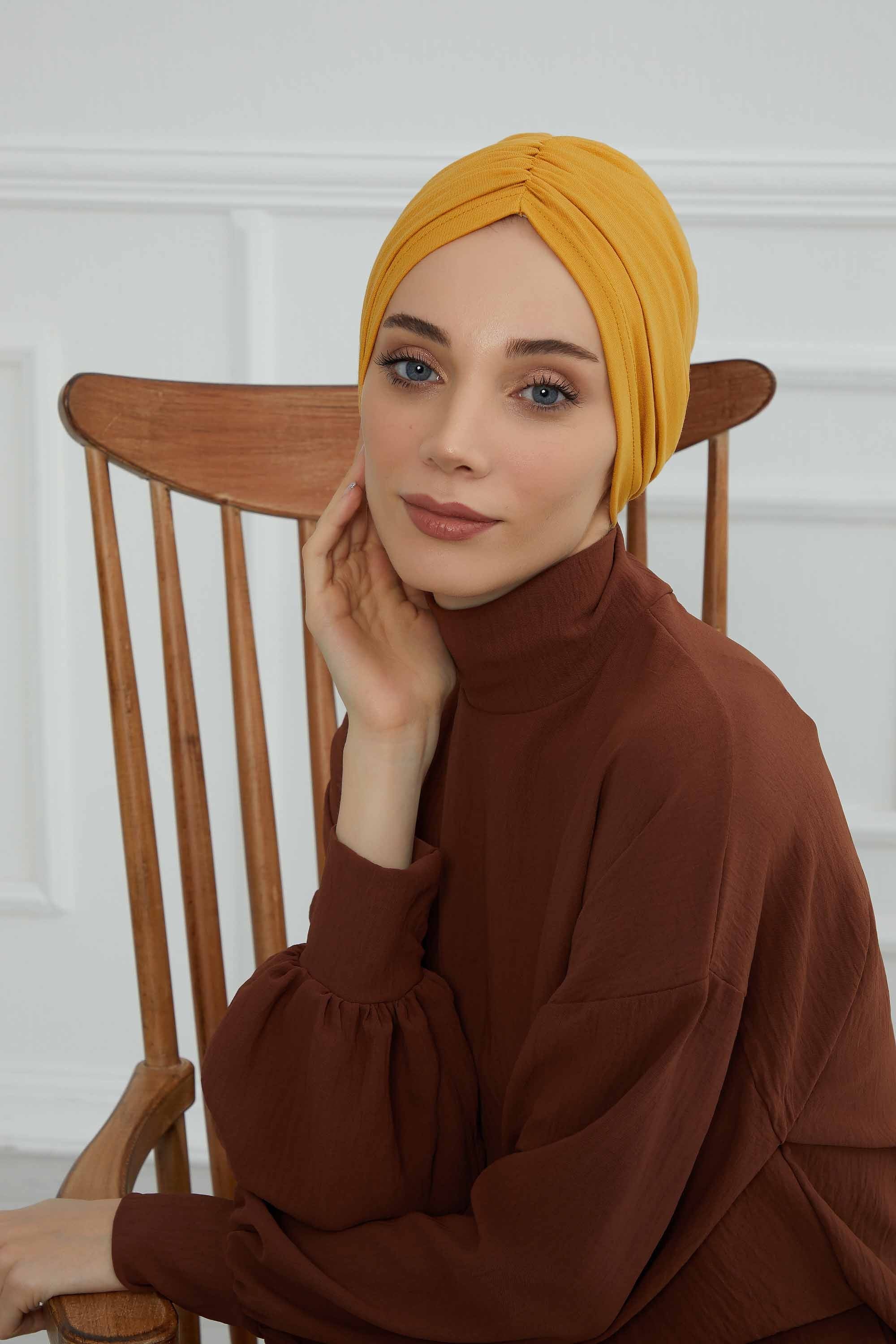 Soft Pre-Tied Shirred Turban for Women, Cotton Instant Turban Headwrap, Hair Loss & Chemo Friendly Bonnet Cap with Chic Shirred Design,B-20 Mustard Yellow