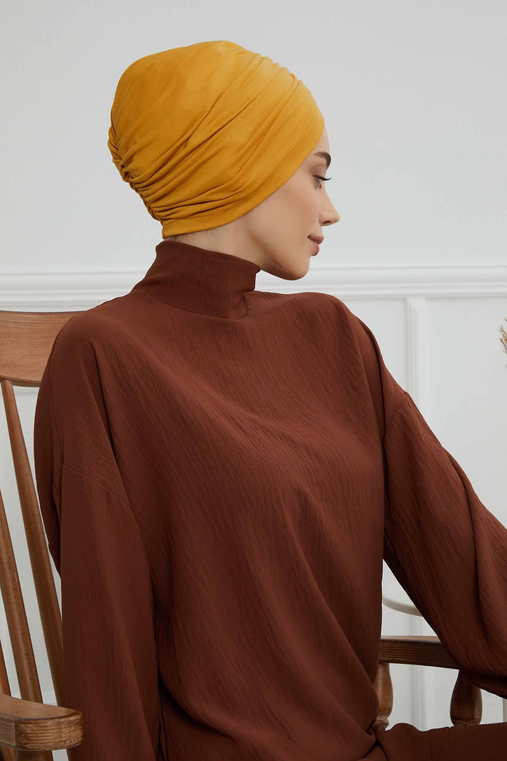 Soft Pre-Tied Shirred Turban for Women, Cotton Instant Turban Headwrap, Hair Loss & Chemo Friendly Bonnet Cap with Chic Shirred Design,B-20 Mustard Yellow