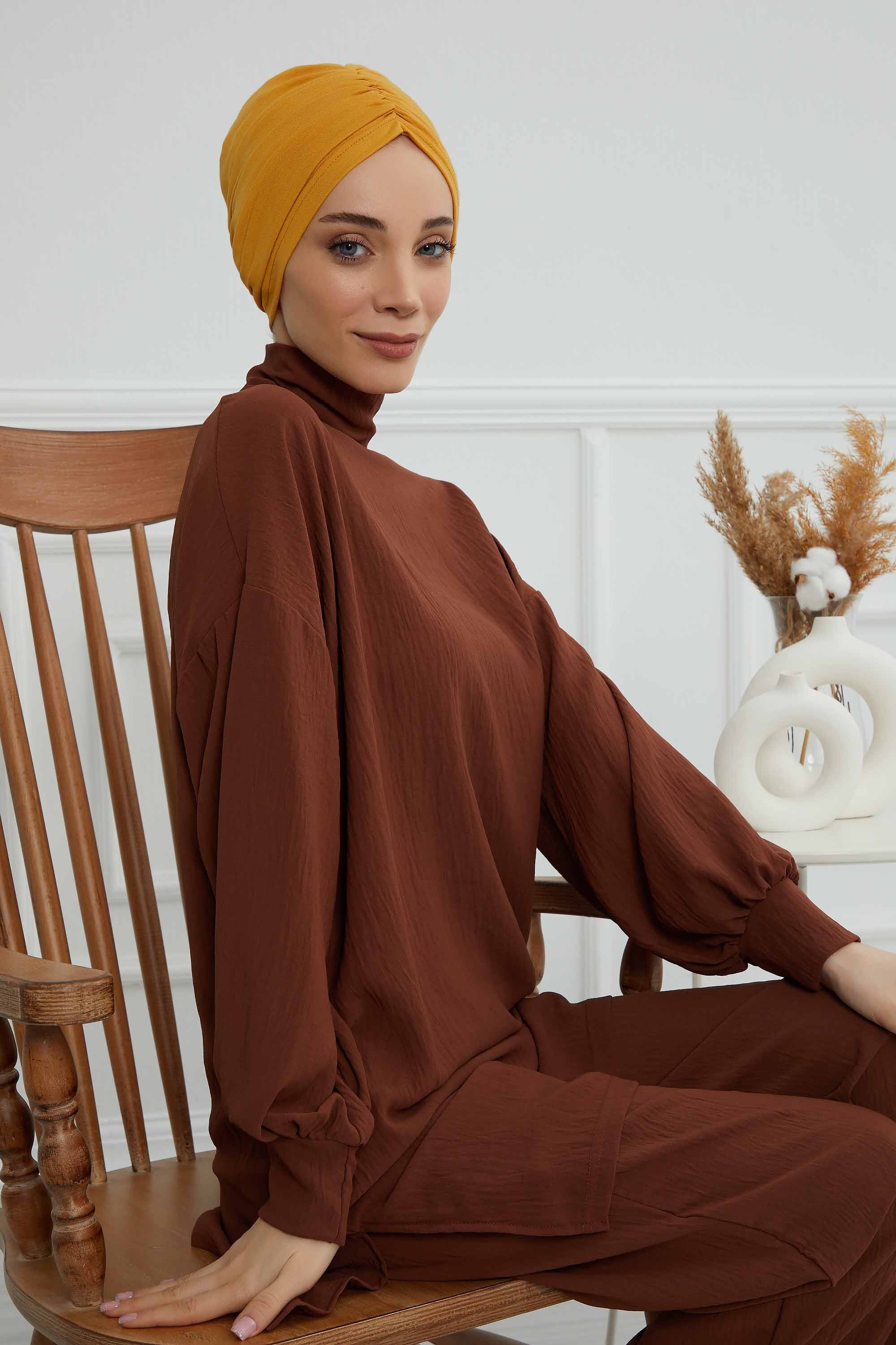 Soft Pre-Tied Shirred Turban for Women, Cotton Instant Turban Headwrap, Hair Loss & Chemo Friendly Bonnet Cap with Chic Shirred Design,B-20 Mustard Yellow