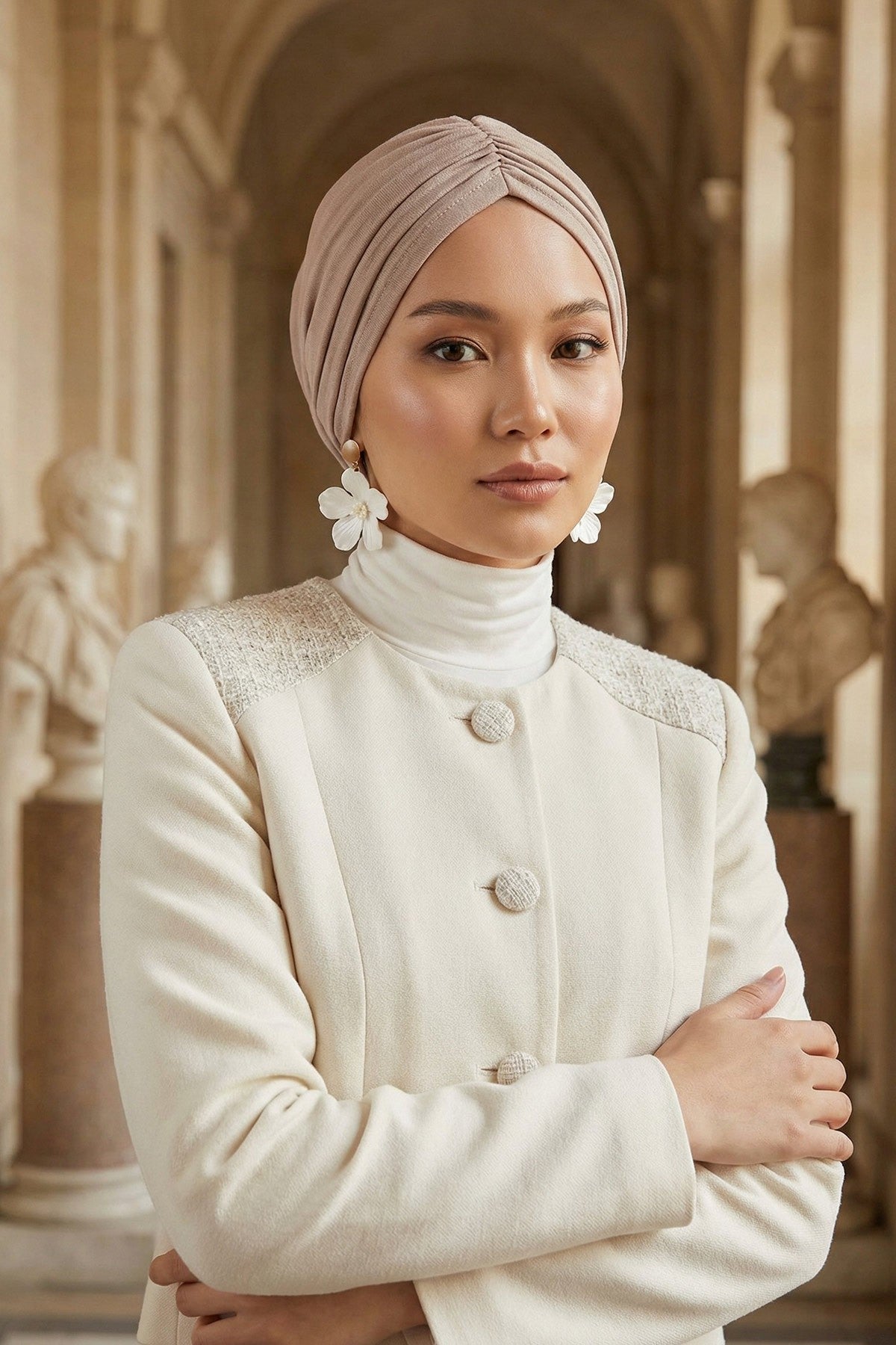Soft Pre-Tied Shirred Turban for Women, Cotton Instant Turban Headwrap, Hair Loss & Chemo Friendly Bonnet Cap with Chic Shirred Design,B-20 Mink