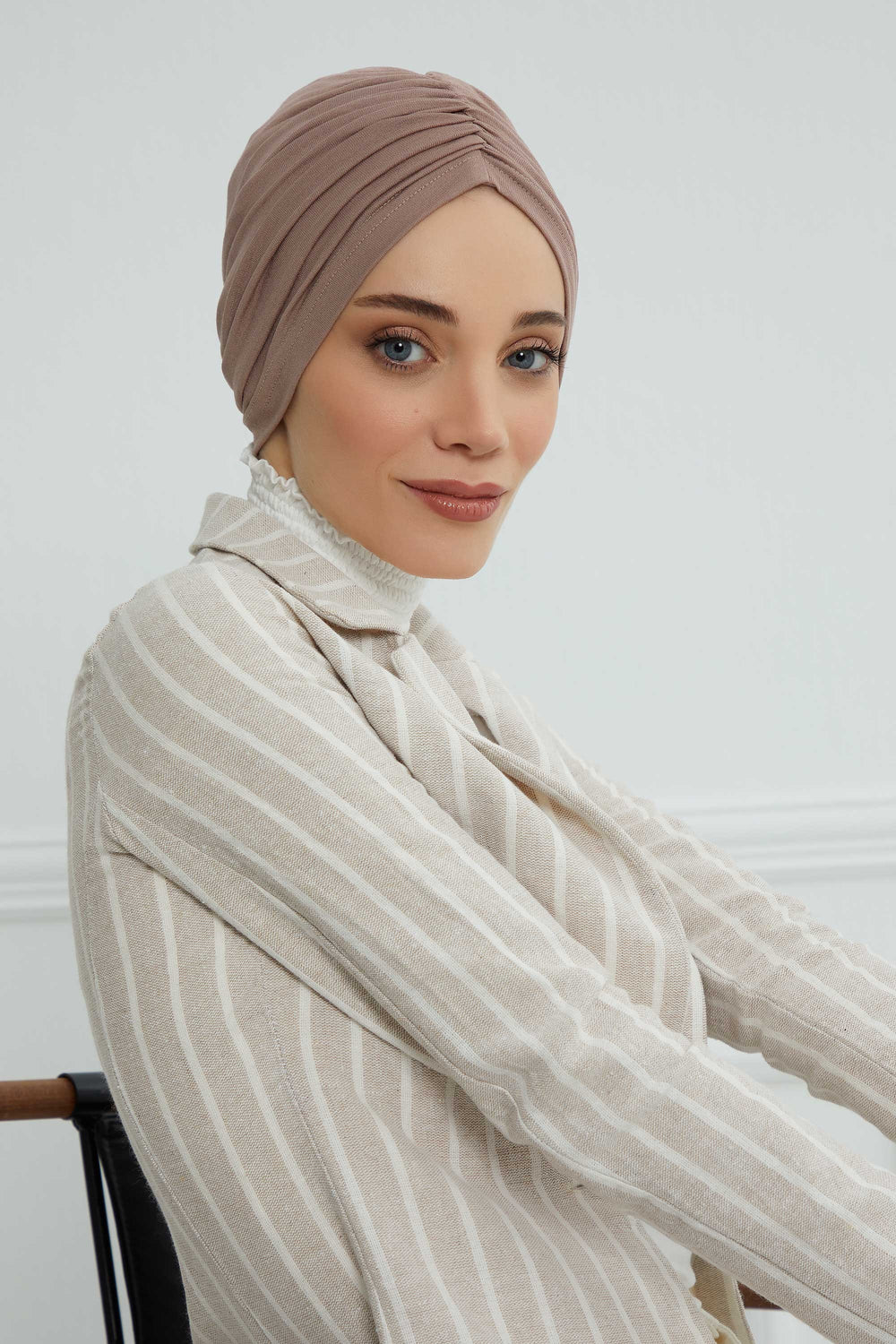 Soft Pre-Tied Shirred Turban for Women, Cotton Instant Turban Headwrap, Hair Loss & Chemo Friendly Bonnet Cap with Chic Shirred Design,B-20 Mink