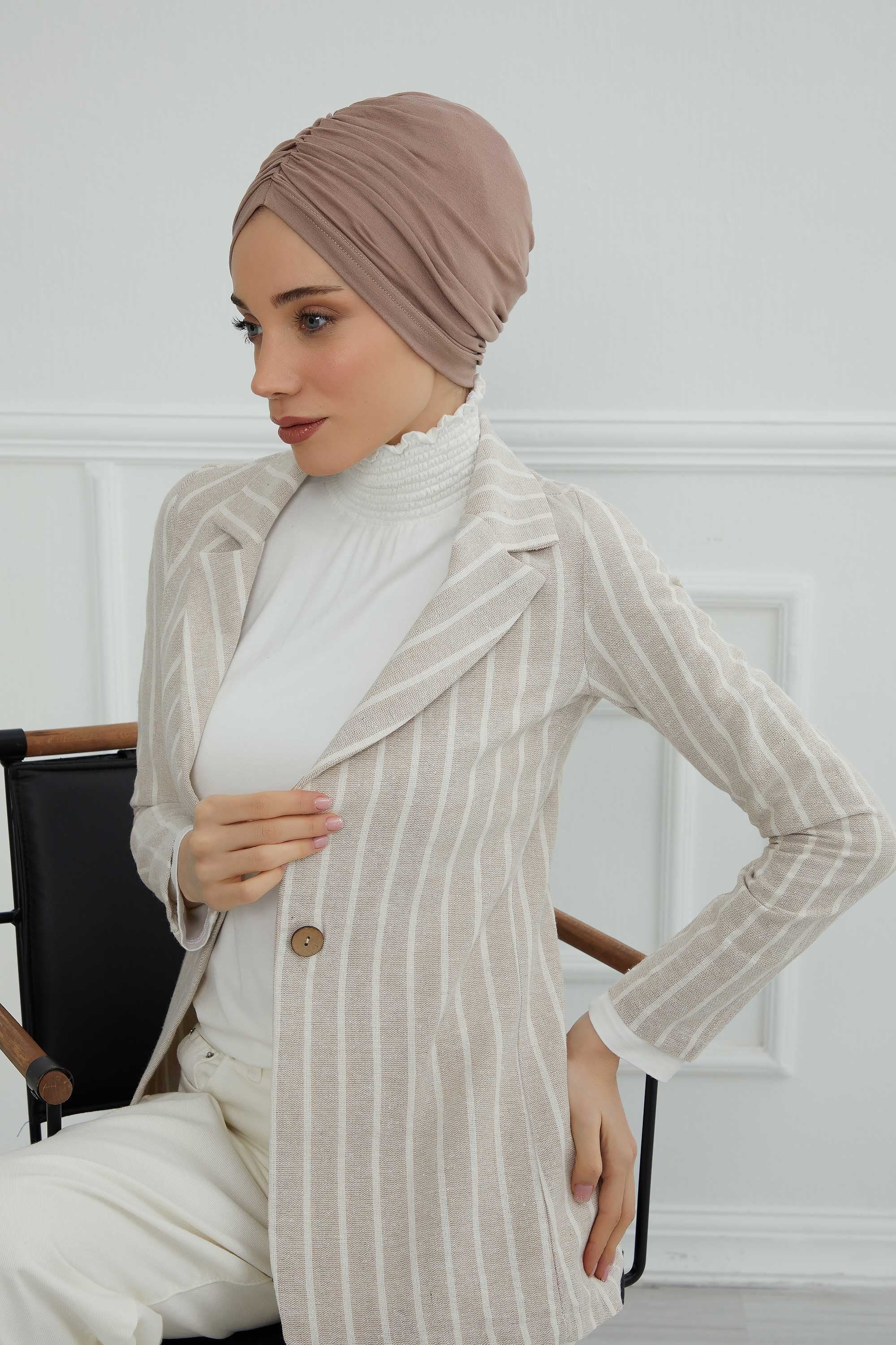 Soft Pre-Tied Shirred Turban for Women, Cotton Instant Turban Headwrap, Hair Loss & Chemo Friendly Bonnet Cap with Chic Shirred Design,B-20 Mink