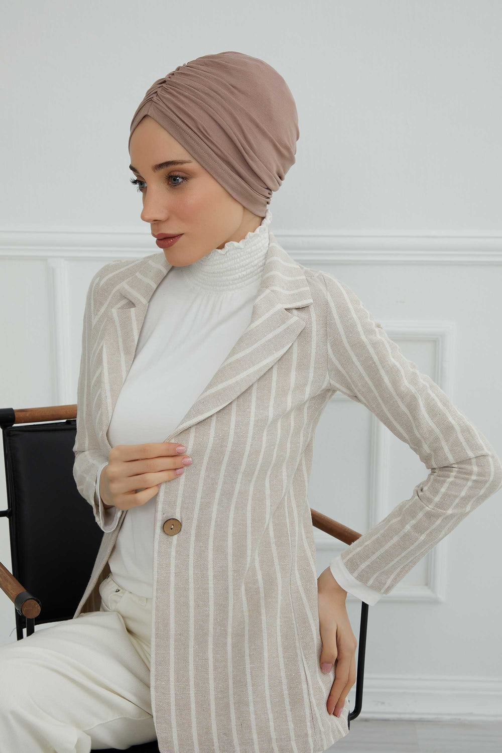 Soft Pre-Tied Shirred Turban for Women, Cotton Instant Turban Headwrap, Hair Loss & Chemo Friendly Bonnet Cap with Chic Shirred Design,B-20 Mink