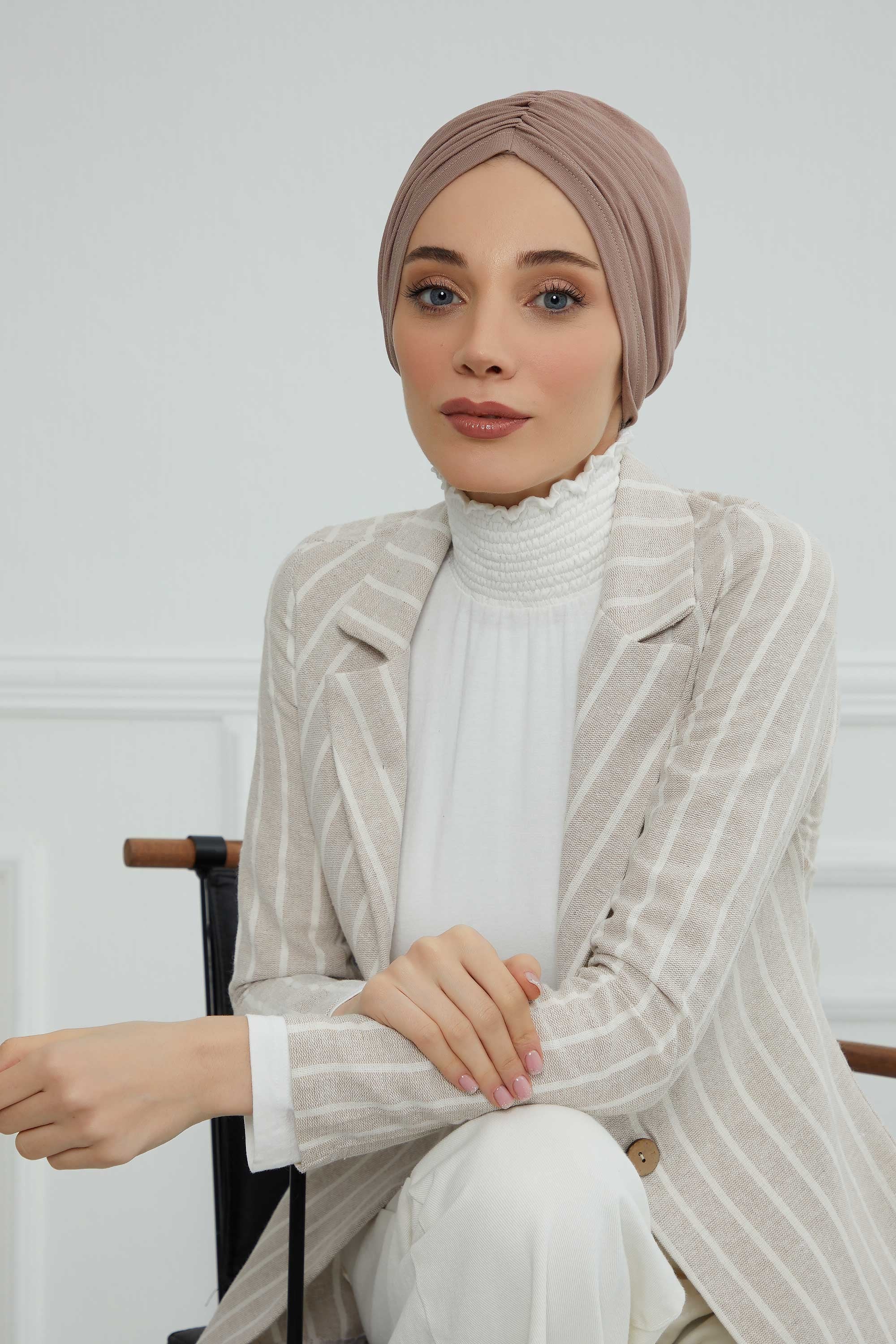 Soft Pre-Tied Shirred Turban for Women, Cotton Instant Turban Headwrap, Hair Loss & Chemo Friendly Bonnet Cap with Chic Shirred Design,B-20 Mink
