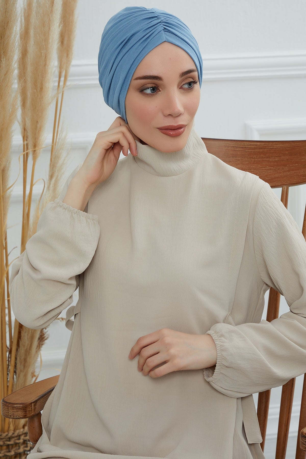 Soft Pre-Tied Shirred Turban for Women, Cotton Instant Turban Headwrap, Hair Loss & Chemo Friendly Bonnet Cap with Chic Shirred Design,B-20 Blue
