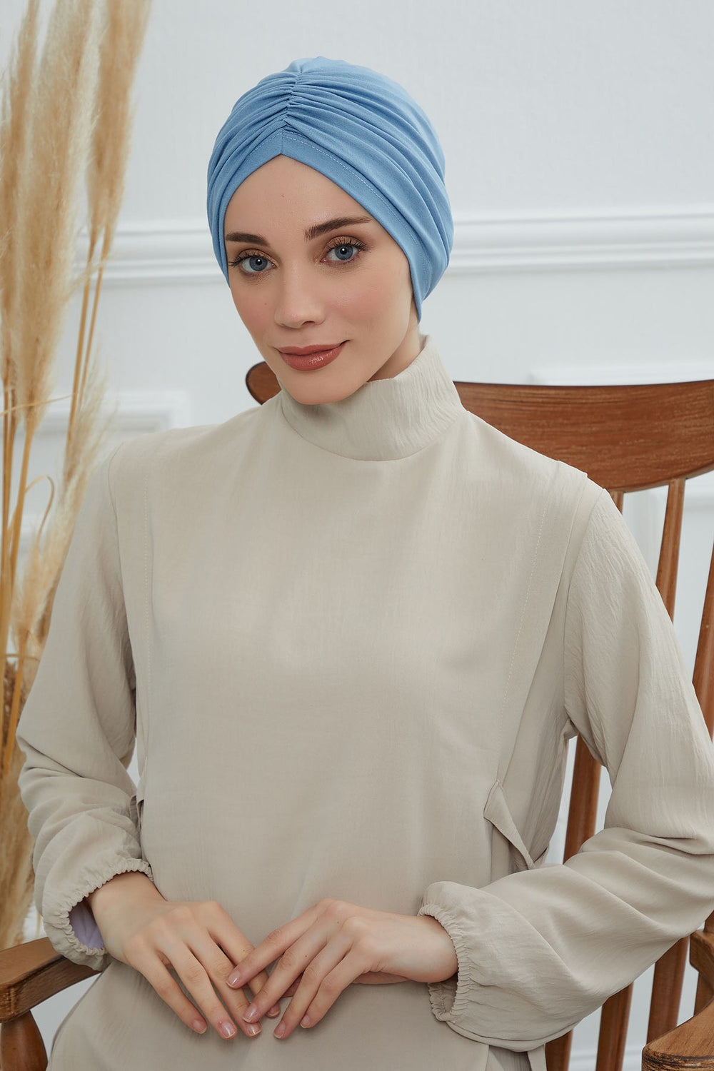Soft Pre-Tied Shirred Turban for Women, Cotton Instant Turban Headwrap, Hair Loss & Chemo Friendly Bonnet Cap with Chic Shirred Design,B-20 Blue
