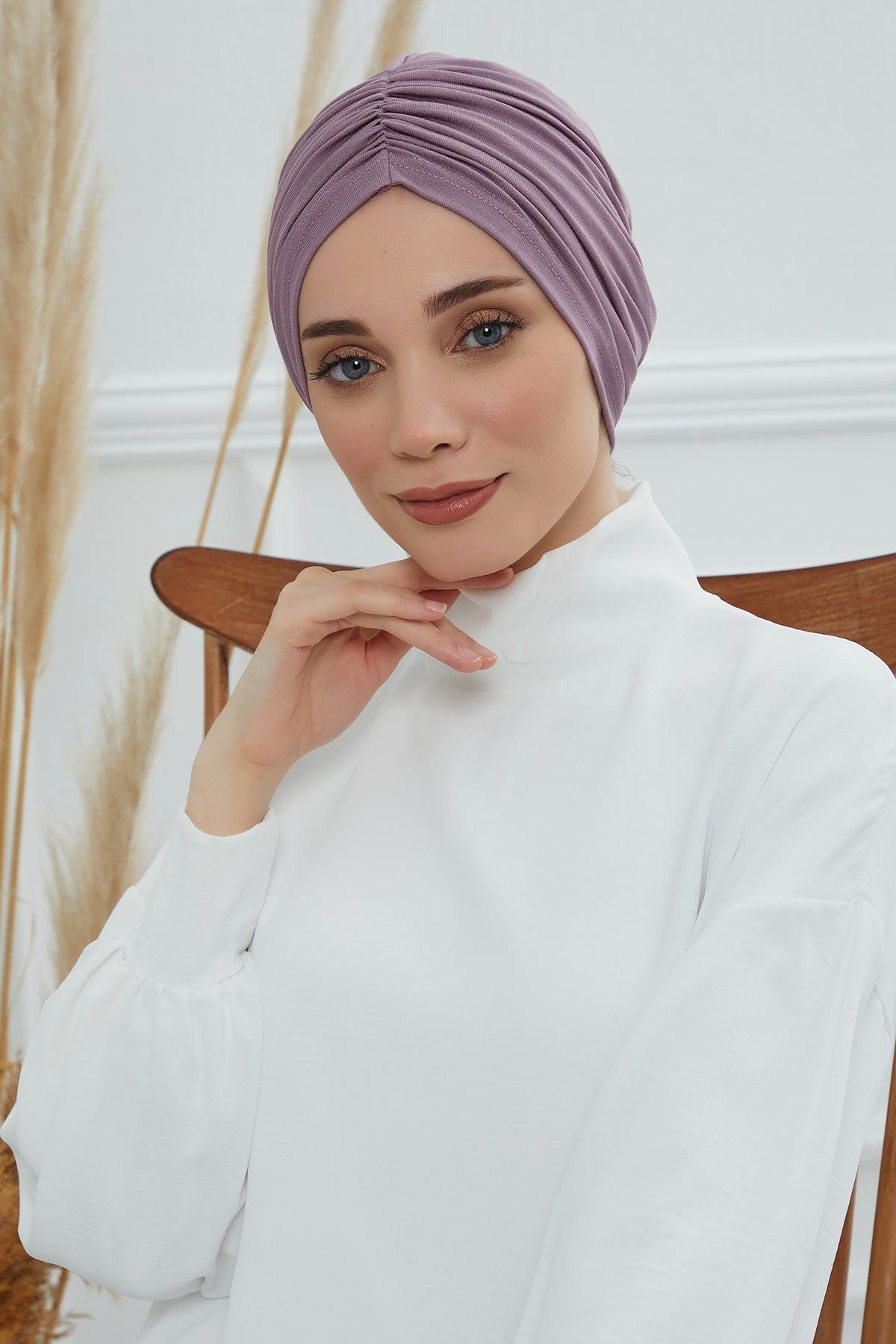 Soft Pre-Tied Shirred Turban for Women, Cotton Instant Turban Headwrap, Hair Loss & Chemo Friendly Bonnet Cap with Chic Shirred Design,B-20 Lilac