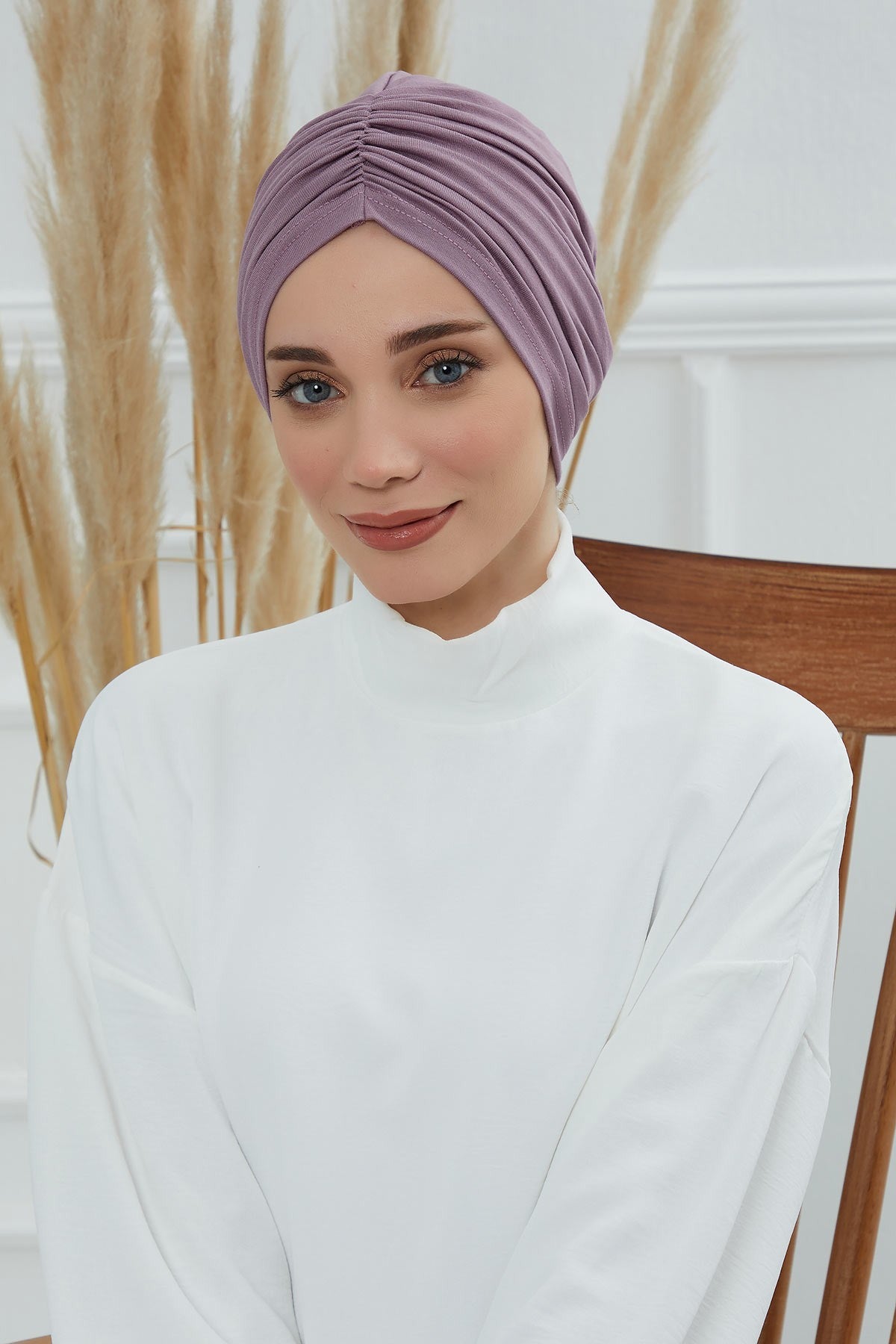 Soft Pre-Tied Shirred Turban for Women, Cotton Instant Turban Headwrap, Hair Loss & Chemo Friendly Bonnet Cap with Chic Shirred Design,B-20 Lilac