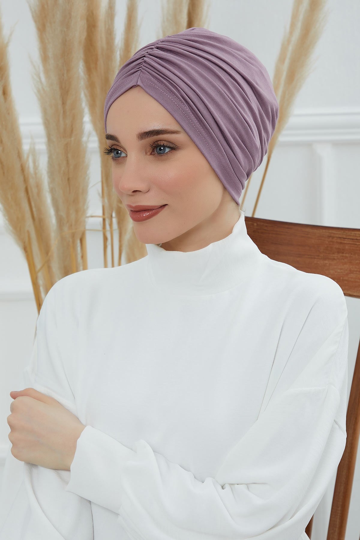 Soft Pre-Tied Shirred Turban for Women, Cotton Instant Turban Headwrap, Hair Loss & Chemo Friendly Bonnet Cap with Chic Shirred Design,B-20 Lilac
