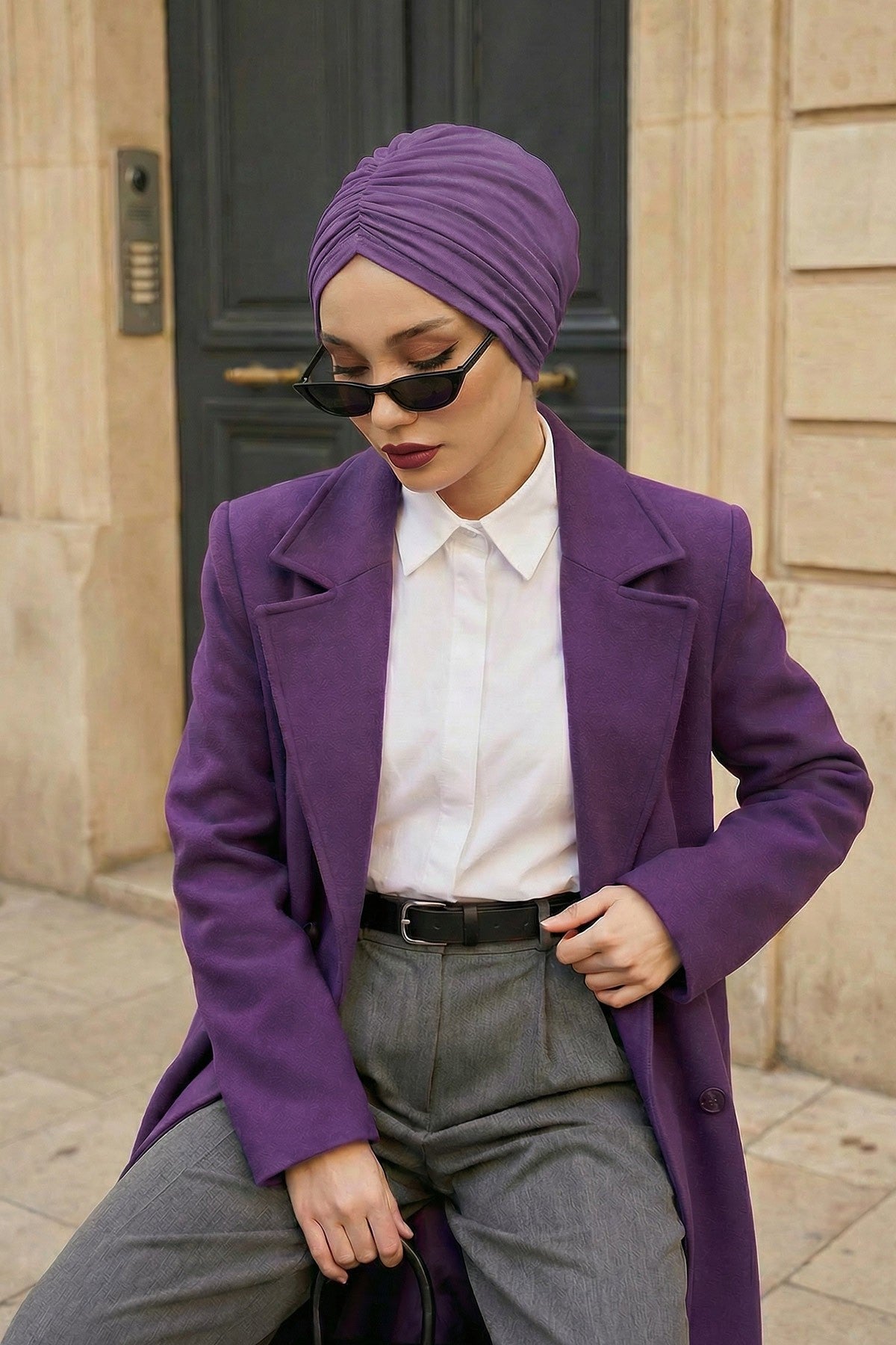 Soft Pre-Tied Shirred Turban for Women, Cotton Instant Turban Headwrap, Hair Loss & Chemo Friendly Bonnet Cap with Chic Shirred Design,B-20 Purple 2