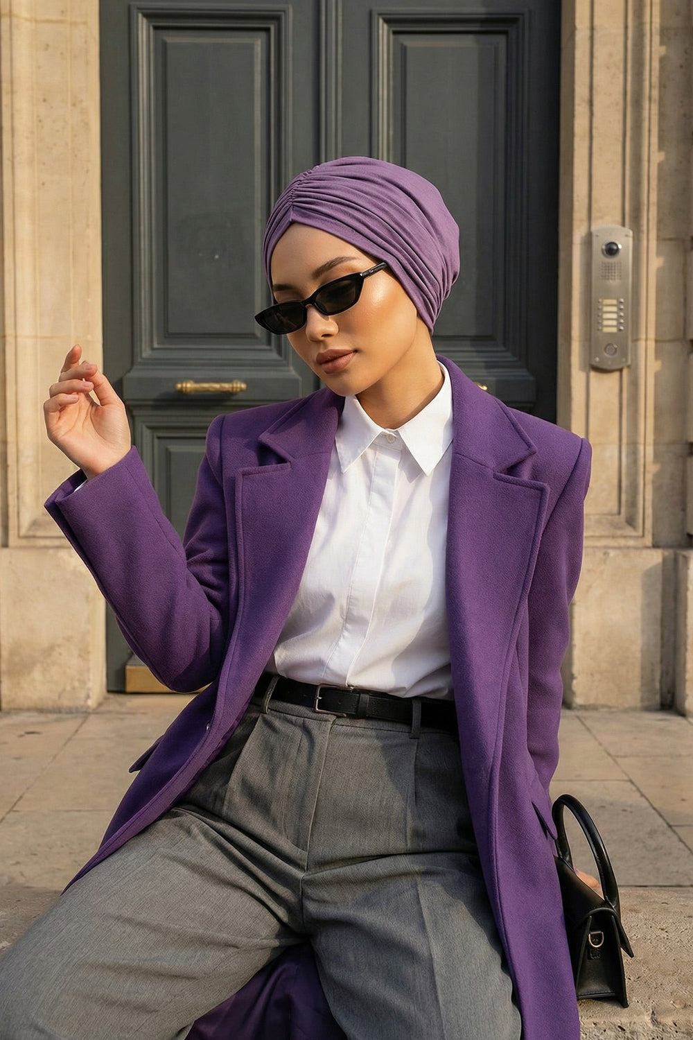 Soft Pre-Tied Shirred Turban for Women, Cotton Instant Turban Headwrap, Hair Loss & Chemo Friendly Bonnet Cap with Chic Shirred Design,B-20 Purple 2