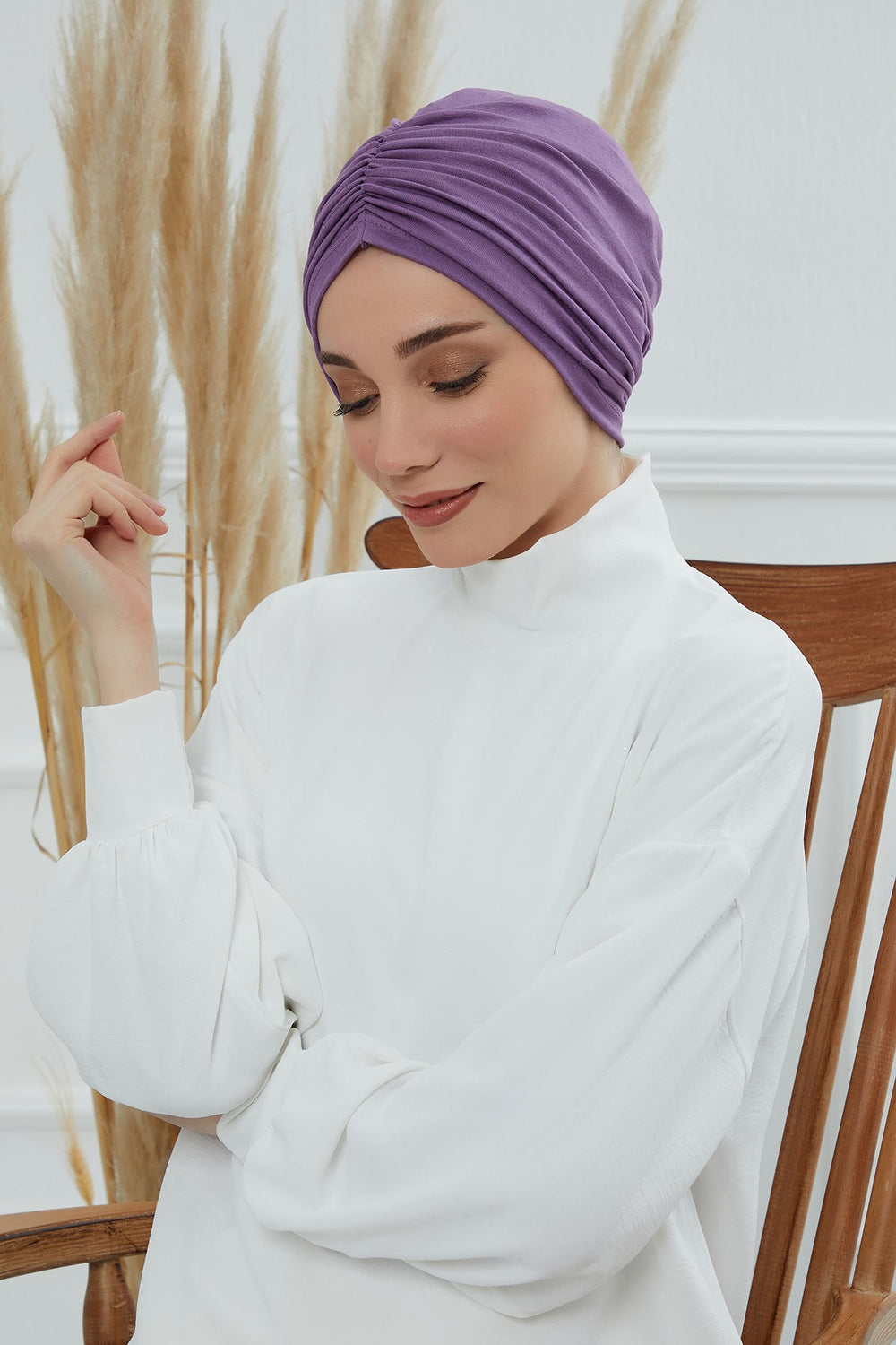 Soft Pre-Tied Shirred Turban for Women, Cotton Instant Turban Headwrap, Hair Loss & Chemo Friendly Bonnet Cap with Chic Shirred Design,B-20 Purple 2