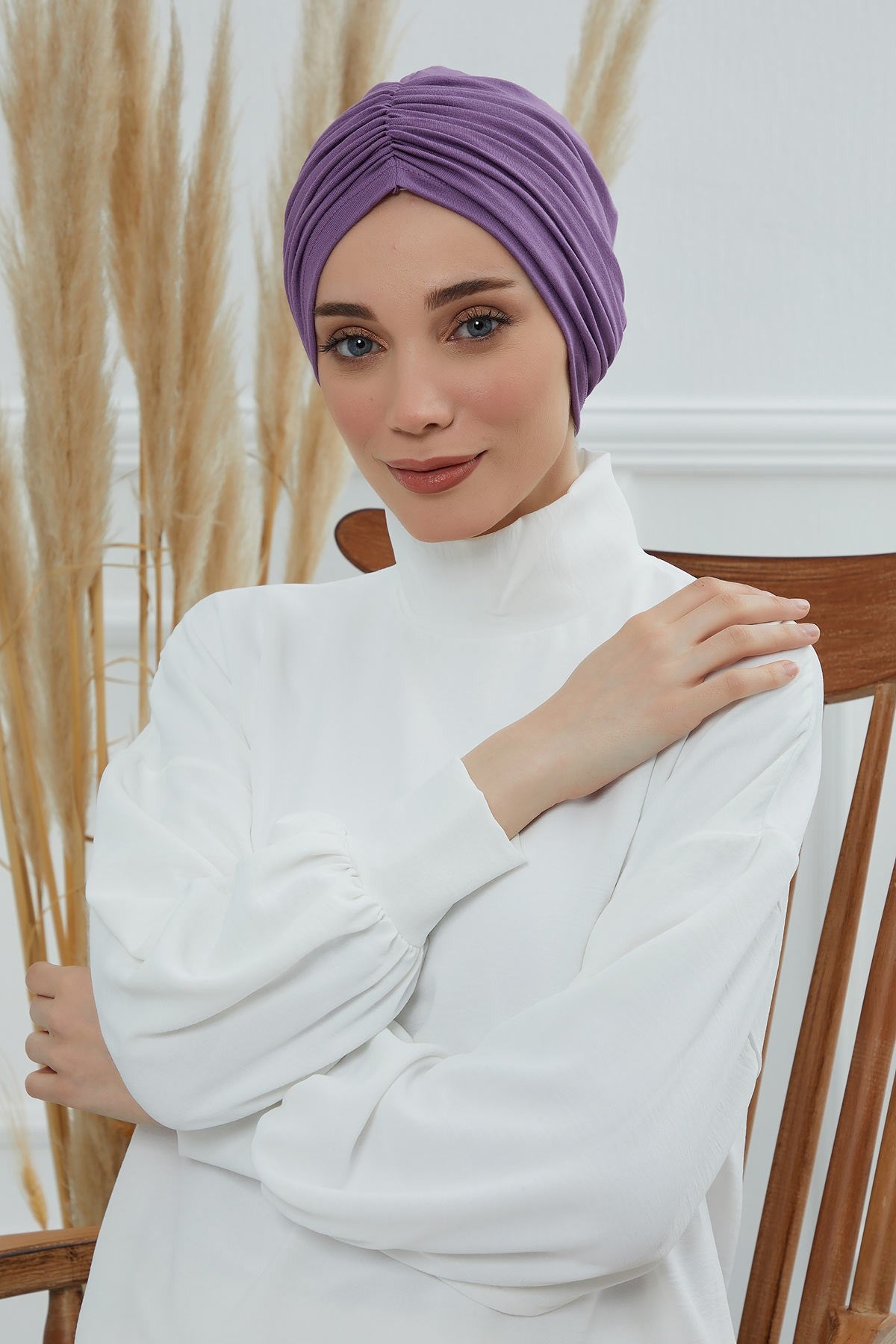 Soft Pre-Tied Shirred Turban for Women, Cotton Instant Turban Headwrap, Hair Loss & Chemo Friendly Bonnet Cap with Chic Shirred Design,B-20 Purple 2