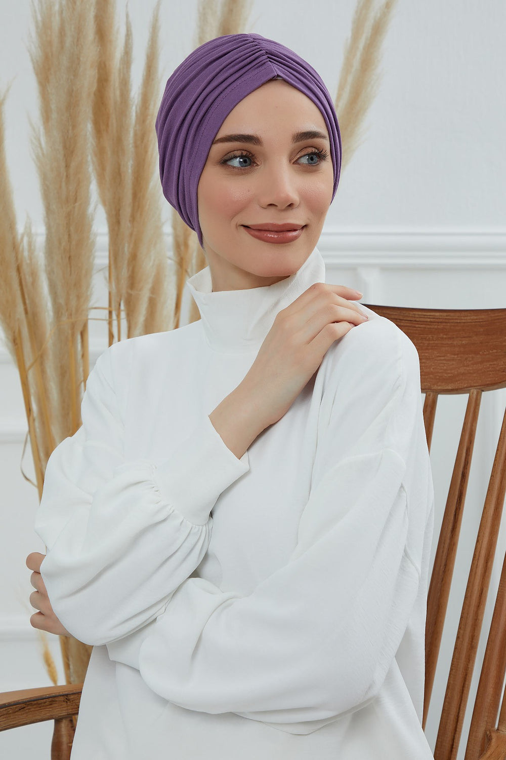 Soft Pre-Tied Shirred Turban for Women, Cotton Instant Turban Headwrap, Hair Loss & Chemo Friendly Bonnet Cap with Chic Shirred Design,B-20 Purple 2