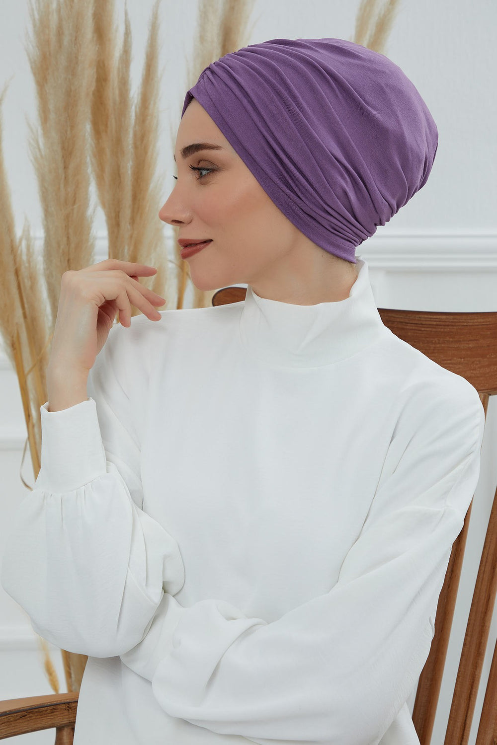 Soft Pre-Tied Shirred Turban for Women, Cotton Instant Turban Headwrap, Hair Loss & Chemo Friendly Bonnet Cap with Chic Shirred Design,B-20 Purple 2