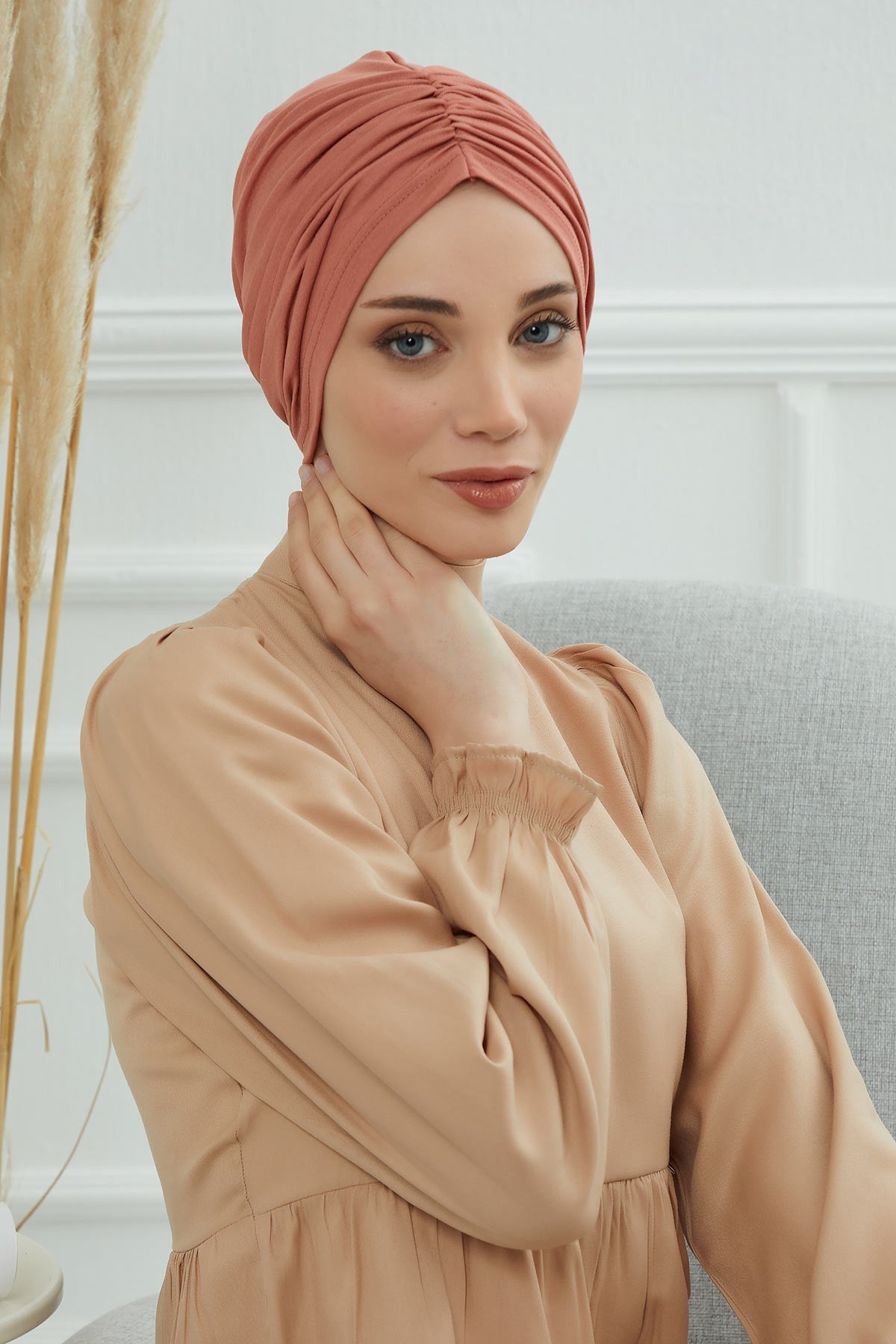 Soft Pre-Tied Shirred Turban for Women, Cotton Instant Turban Headwrap, Hair Loss & Chemo Friendly Bonnet Cap with Chic Shirred Design,B-20 Salmon