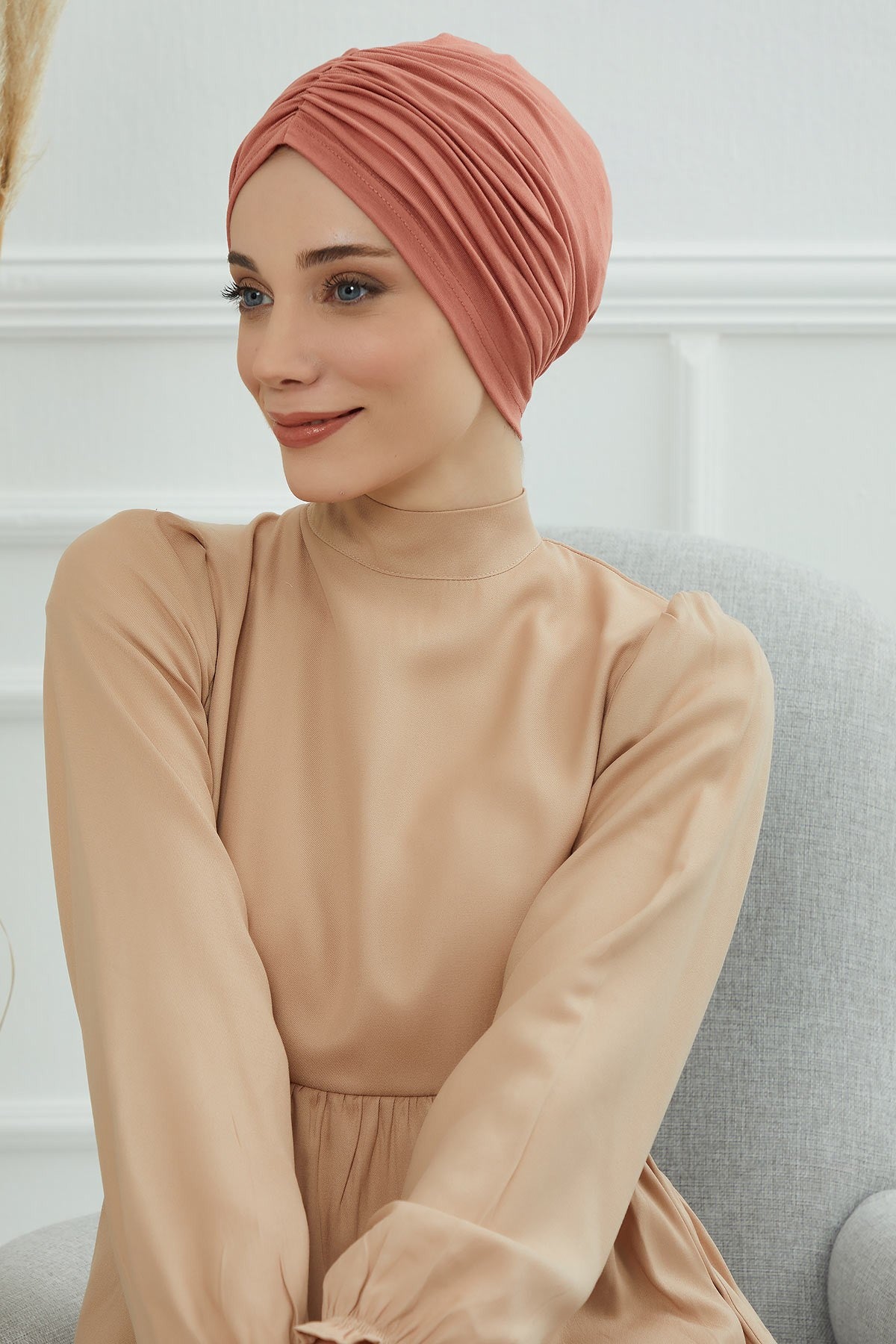 Soft Pre-Tied Shirred Turban for Women, Cotton Instant Turban Headwrap, Hair Loss & Chemo Friendly Bonnet Cap with Chic Shirred Design,B-20 Salmon