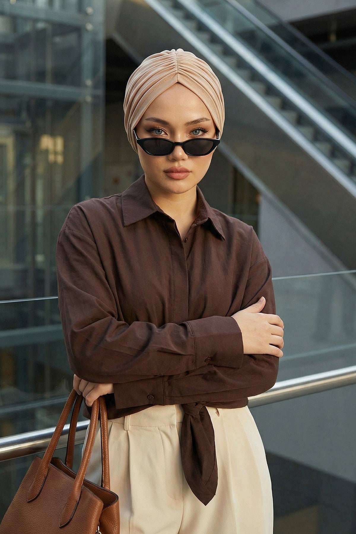 Soft Pre-Tied Shirred Turban for Women, Cotton Instant Turban Headwrap, Hair Loss & Chemo Friendly Bonnet Cap with Chic Shirred Design,B-20 Sand Brown