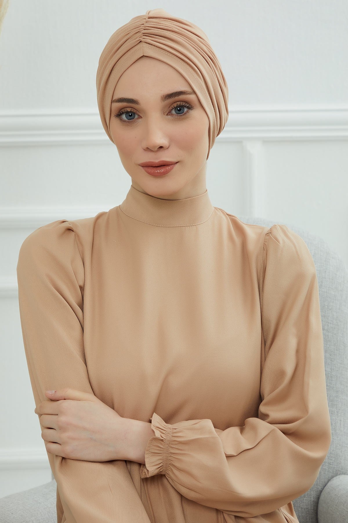 Soft Pre-Tied Shirred Turban for Women, Cotton Instant Turban Headwrap, Hair Loss & Chemo Friendly Bonnet Cap with Chic Shirred Design,B-20 Sand Brown