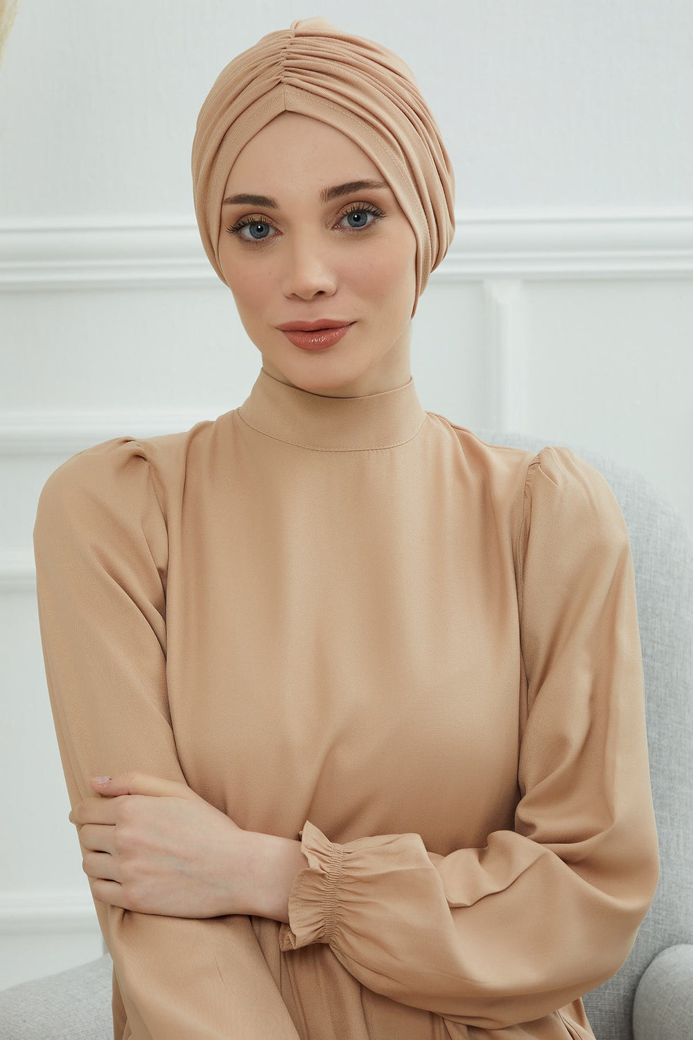 Soft Pre-Tied Shirred Turban for Women, Cotton Instant Turban Headwrap, Hair Loss & Chemo Friendly Bonnet Cap with Chic Shirred Design,B-20 Sand Brown