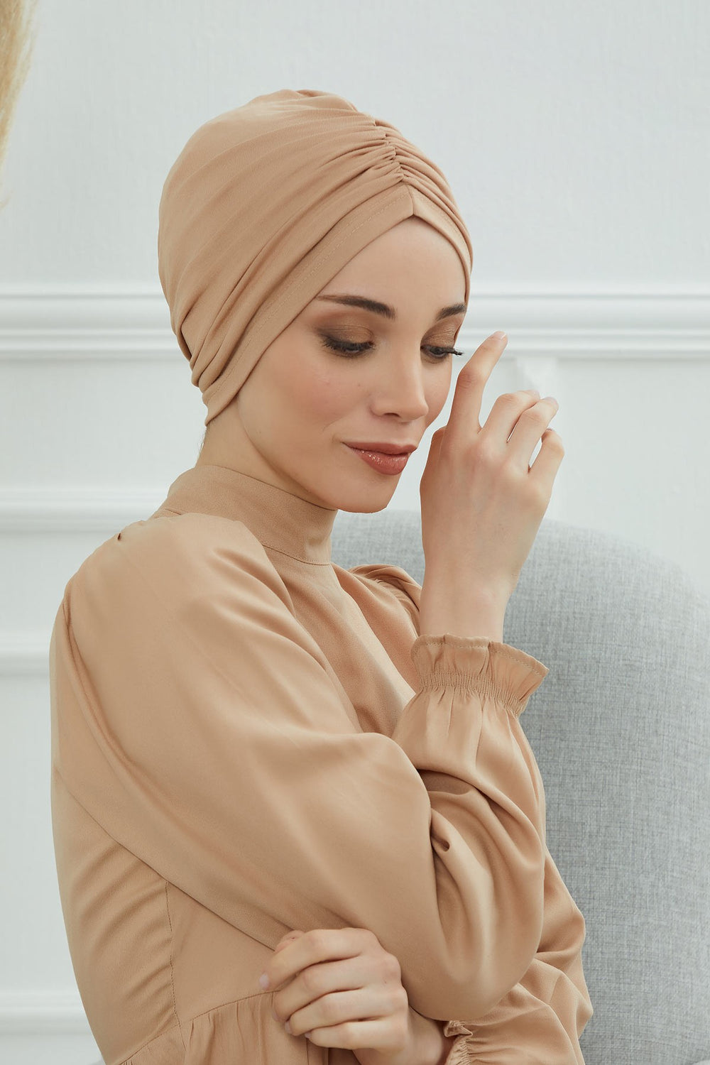 Soft Pre-Tied Shirred Turban for Women, Cotton Instant Turban Headwrap, Hair Loss & Chemo Friendly Bonnet Cap with Chic Shirred Design,B-20 Sand Brown