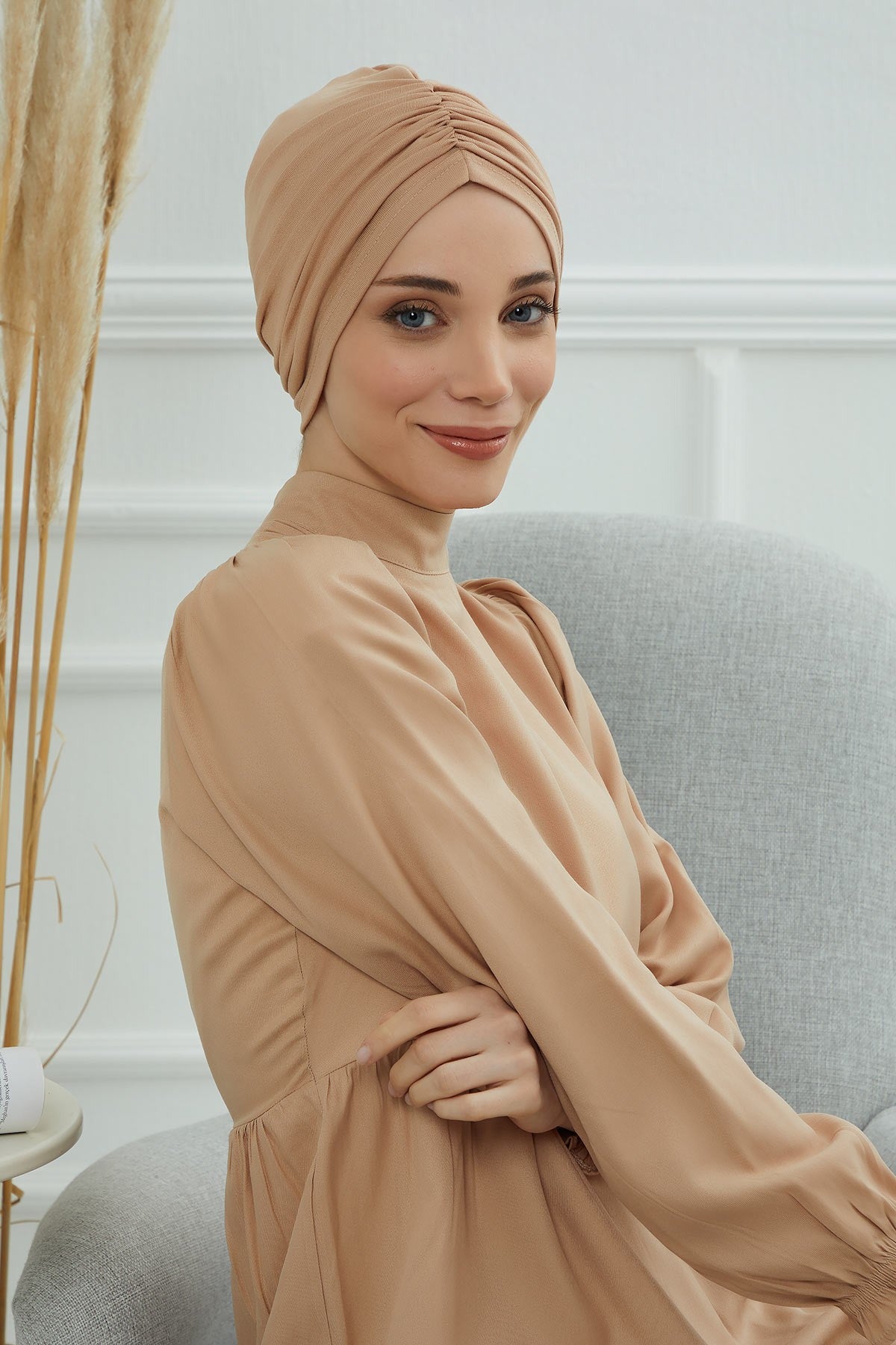 Soft Pre-Tied Shirred Turban for Women, Cotton Instant Turban Headwrap, Hair Loss & Chemo Friendly Bonnet Cap with Chic Shirred Design,B-20 Sand Brown