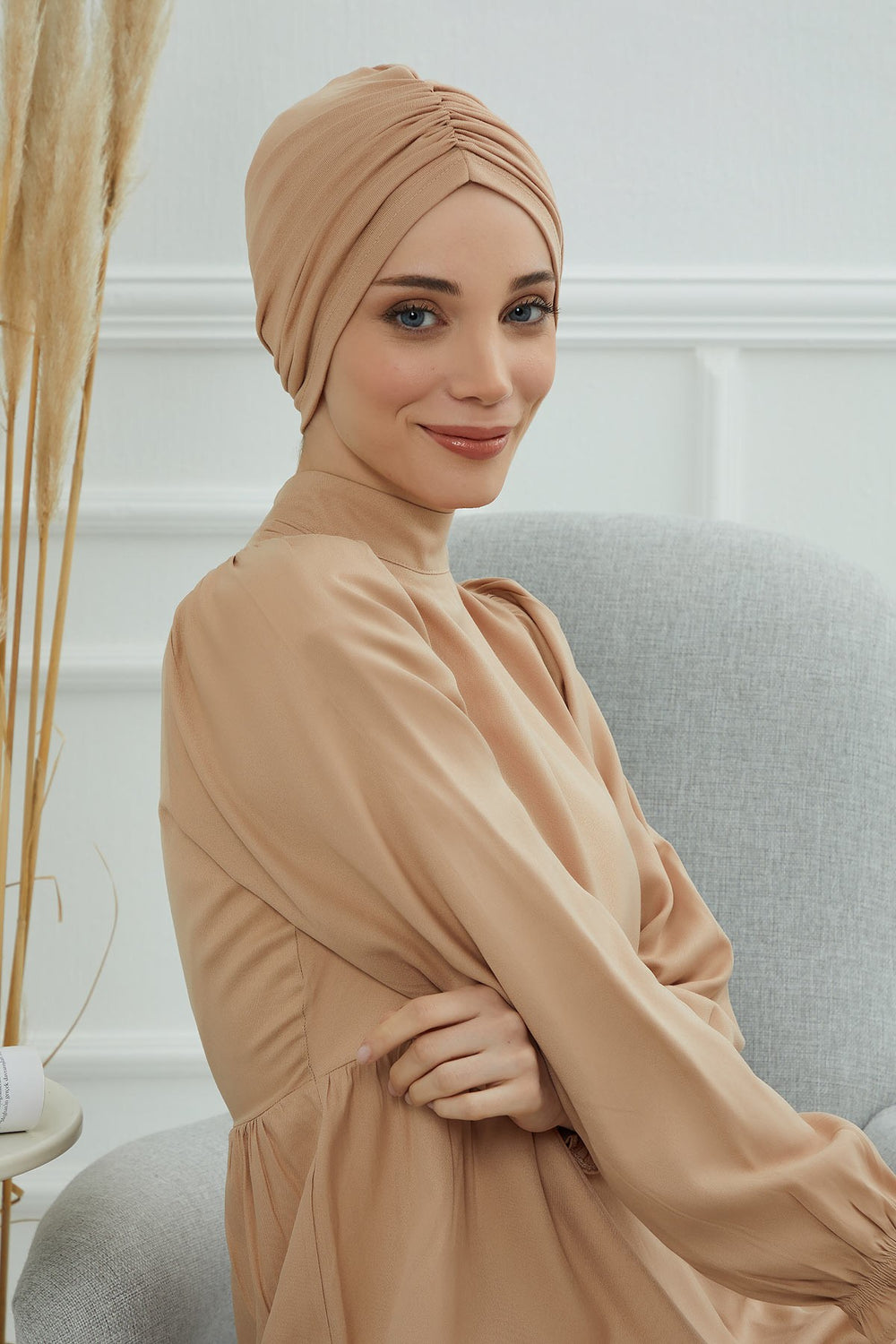 Soft Pre-Tied Shirred Turban for Women, Cotton Instant Turban Headwrap, Hair Loss & Chemo Friendly Bonnet Cap with Chic Shirred Design,B-20 Sand Brown
