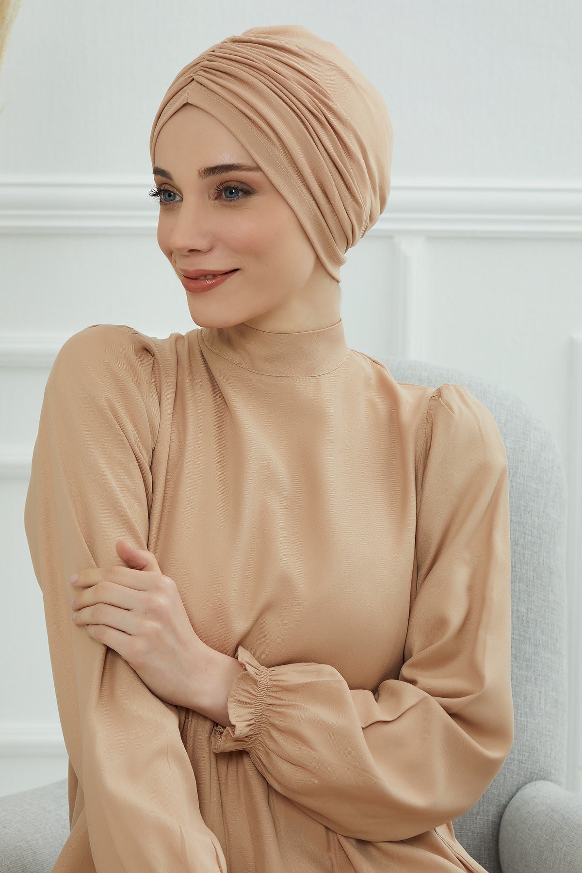Soft Pre-Tied Shirred Turban for Women, Cotton Instant Turban Headwrap, Hair Loss & Chemo Friendly Bonnet Cap with Chic Shirred Design,B-20 Sand Brown