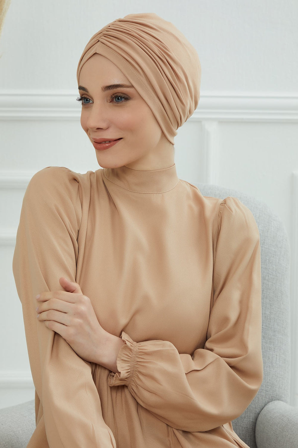 Soft Pre-Tied Shirred Turban for Women, Cotton Instant Turban Headwrap, Hair Loss & Chemo Friendly Bonnet Cap with Chic Shirred Design,B-20 Sand Brown