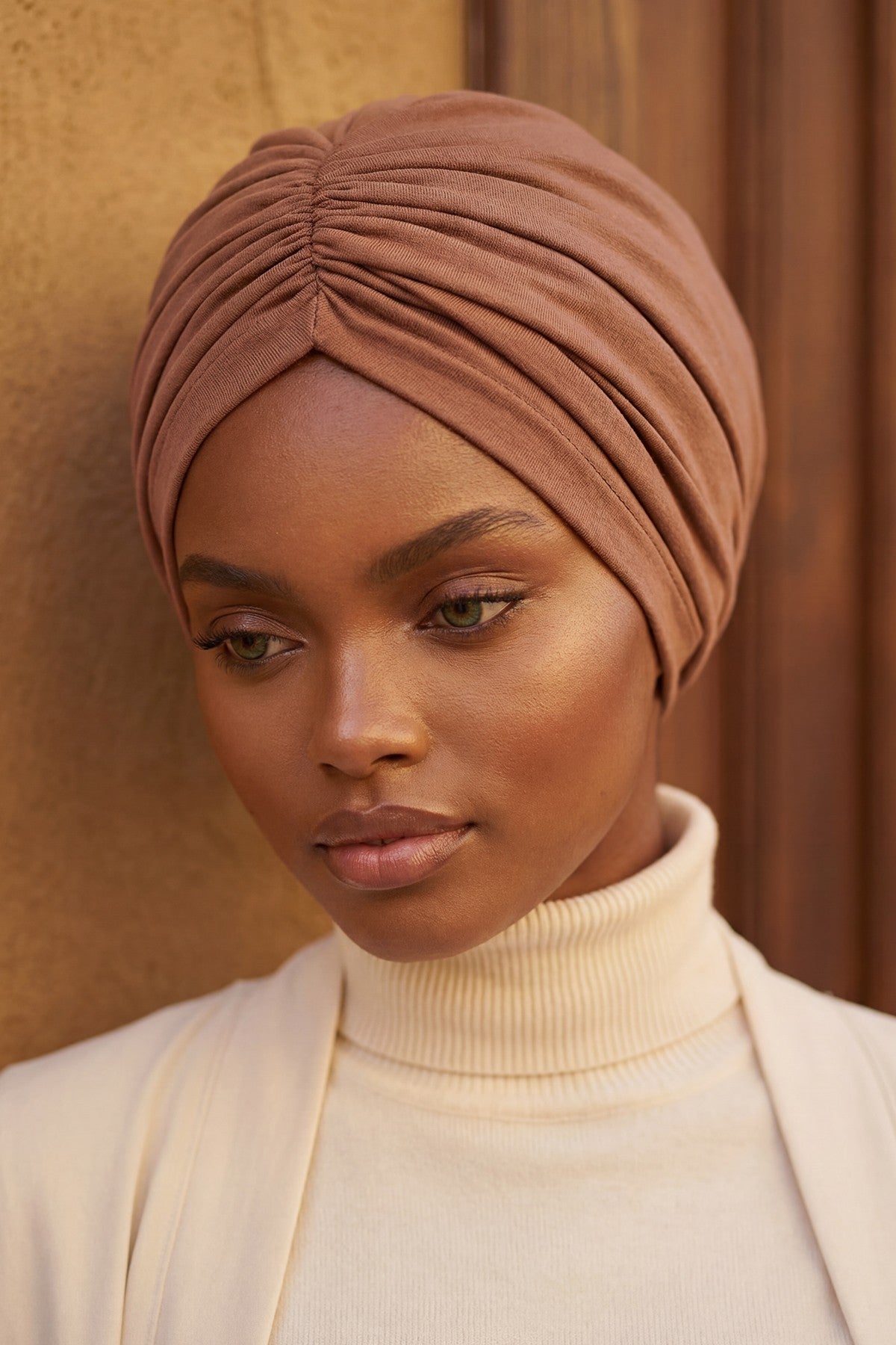 Soft Pre-Tied Shirred Turban for Women, Cotton Instant Turban Headwrap, Hair Loss & Chemo Friendly Bonnet Cap with Chic Shirred Design,B-20 Caramel Brown